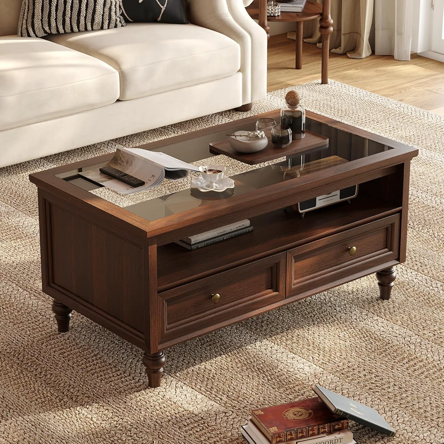 Certified 39.4 Farmhouse Coffee Table with Tempered Glass Top Storage Drawers Open Shelf39.4 Farmhouse Coffee Table with Tempered Glass Top Storage Drawers Open Shelf Top-Quality