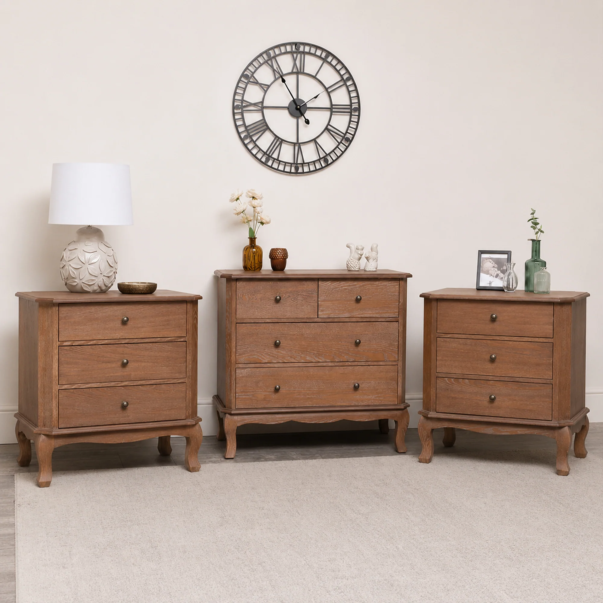 World-Class 4 Drawer Dark Wood Chest of Drawers and Pair of Wide 3 Drawer Bedside Tables – Ashwell Range Versatile