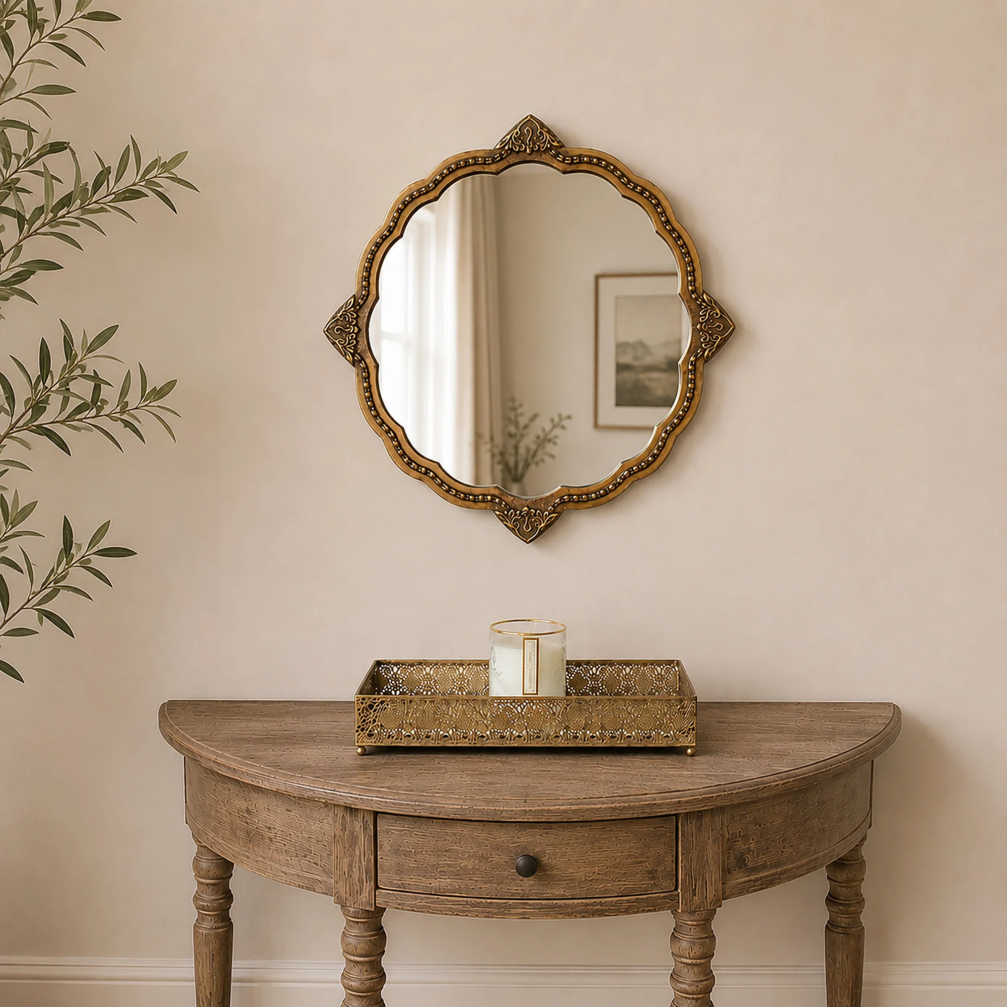 Recyclable Ornate Antique Gold Round Scalloped Vintage Wall Mirror – 50cm x 50cm Fine