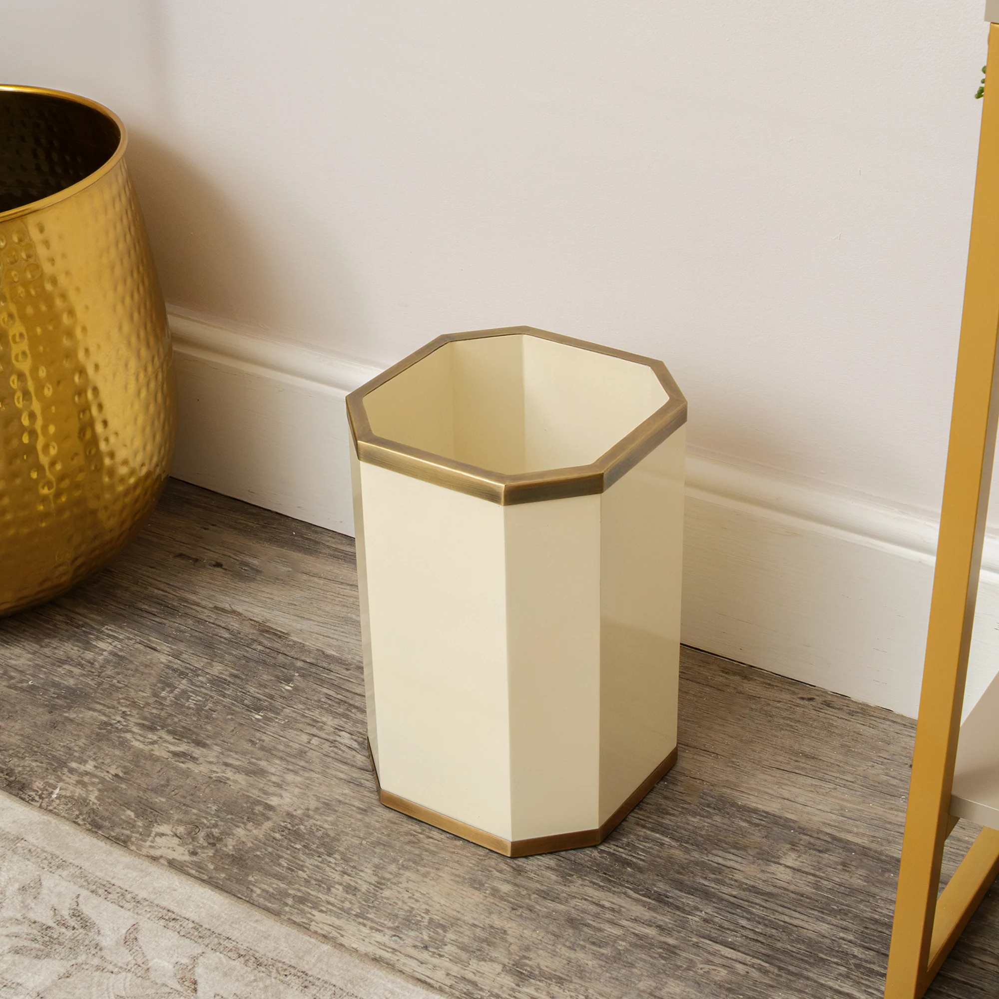 Carefully Designed Hexagonal Cream Gold Edge Wooden Waste Paper Bin Durable