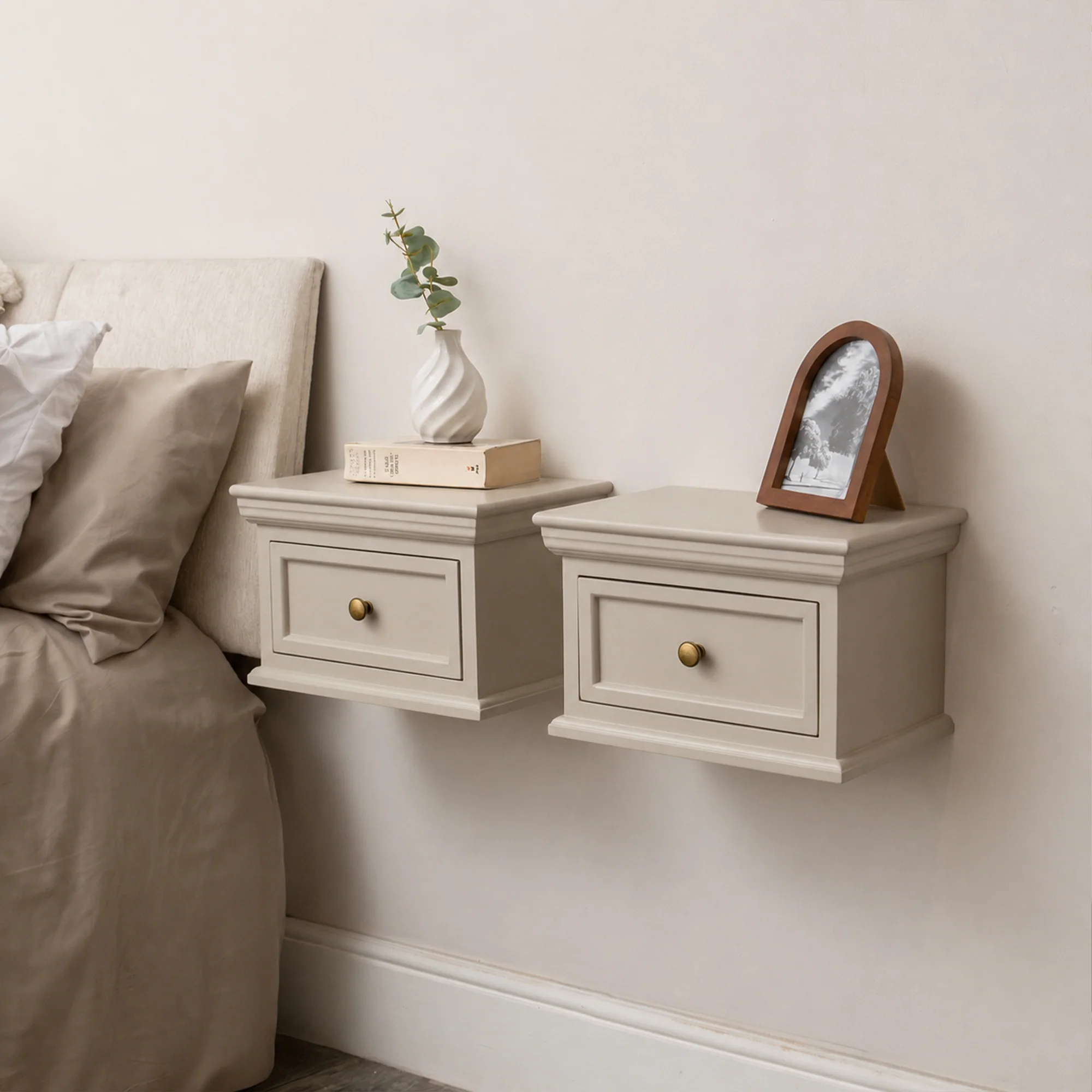 High-Quality Pair of Taupe-Grey Wall Mounted Bedside Tables – Daventry Taupe-Grey Range Certified