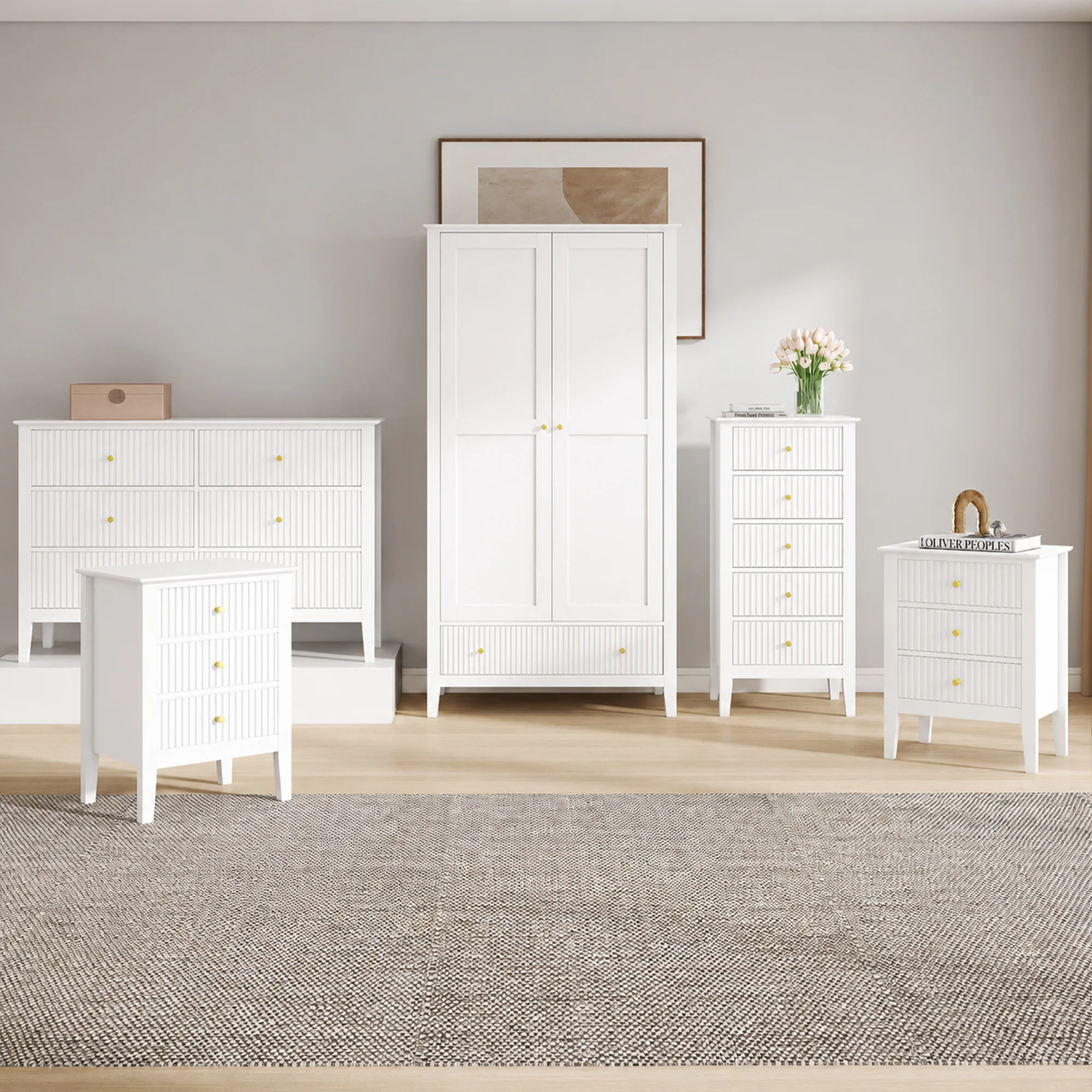 Detailed Double Wardrobe 6 Drawer Chest of Drawers Tall 5 Drawer Bedside Table and Pair of 3 Drawer Bedside Tables – Hales White Range Secure