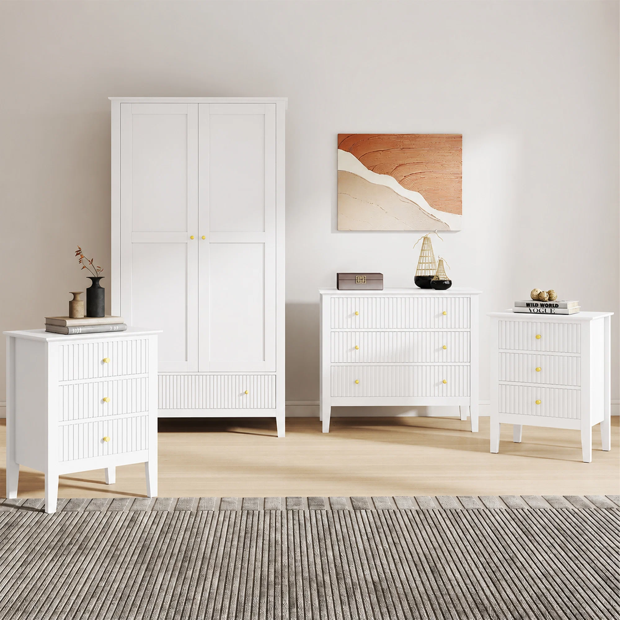 Next-Generation Double Wardrobe 3 Drawer Chest of Drawers Pair of Bedside Tables – Hales White Range Natural