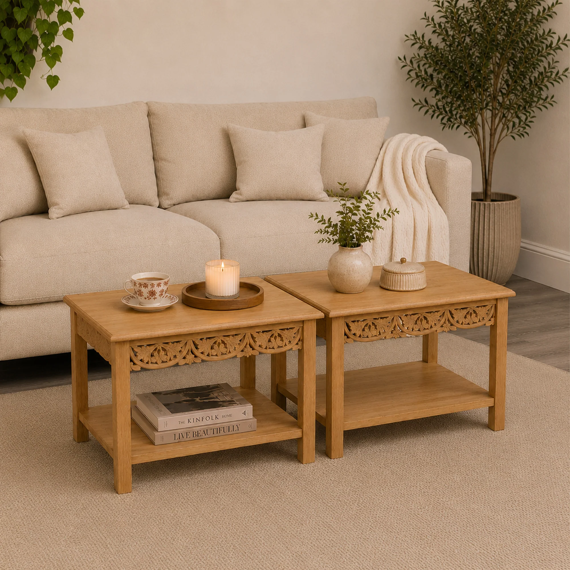 Elegant Set of 2 Bohemian Natural Mango Wood Side Coffee Tables – Freya Wood Range Fine
