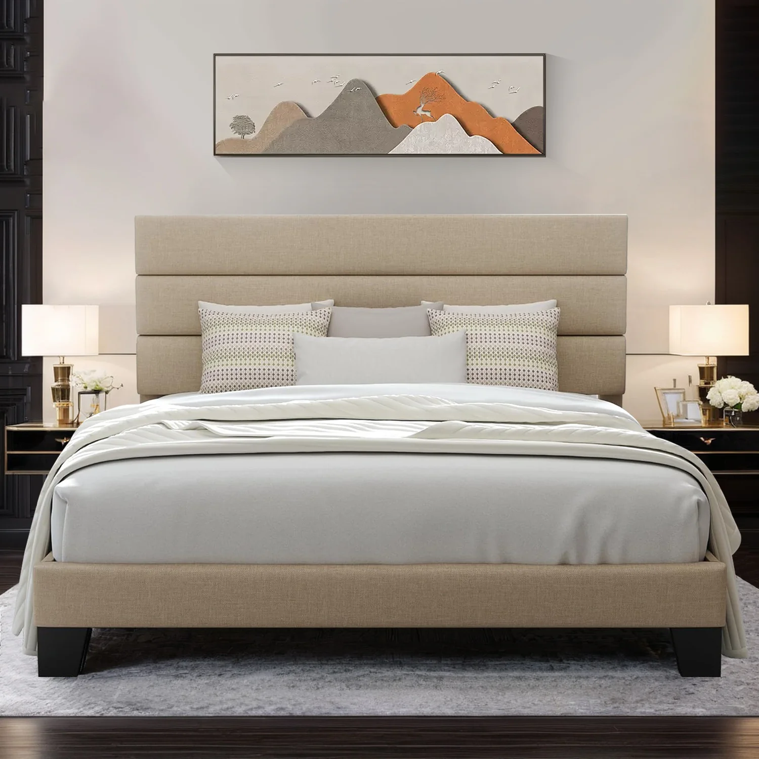 Smooth Platform Bed Frame with Fabric Upholstered Headboard and Wooden Slat Support No Springs RequiredPlatform Bed Frame with Fabric Upholstered Headboard and Wooden Slat Support No Springs Required Fine