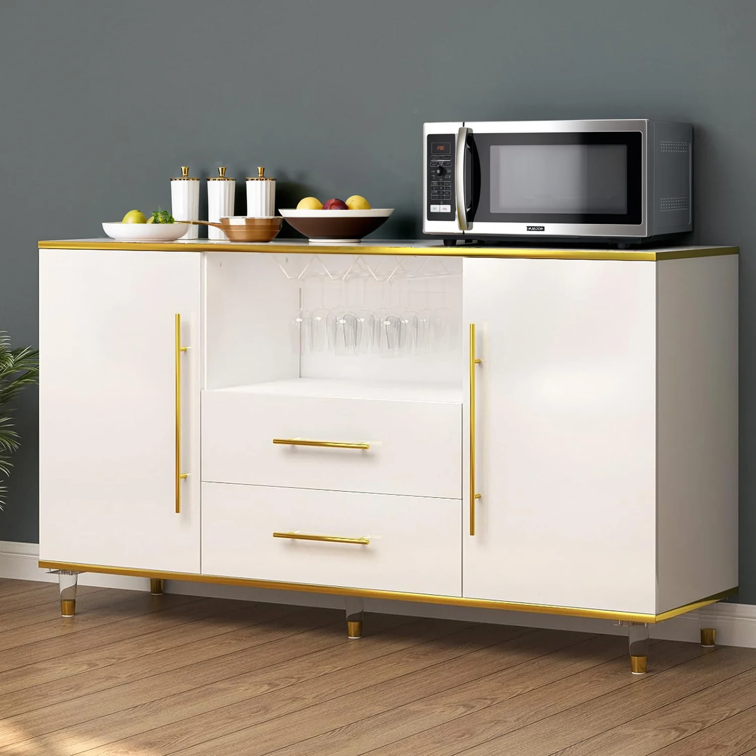 Reusable Buffet Cabinet High Glossy Kitchen Sideboard Cabinet with Drawers Wine Glass Holder Adjustable ShelfBuffet Cabinet High Glossy Kitchen Sideboard Cabinet with Drawers Wine Glass Holder Adjustable Shelf Solid