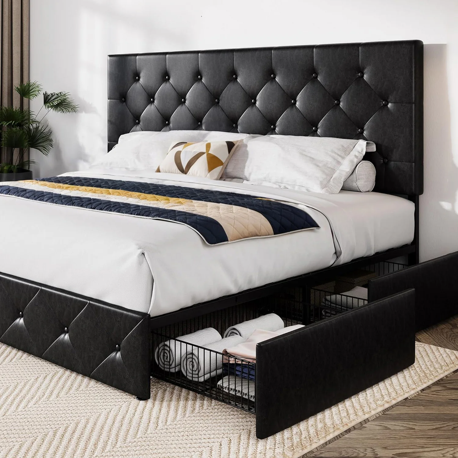 Traditional Faux Leather Upholstered Bed Frame with 4 Drawers Storage and Button HeadboardFaux Leather Upholstered Bed Frame with 4 Drawers Storage and Button Headboard Trusted