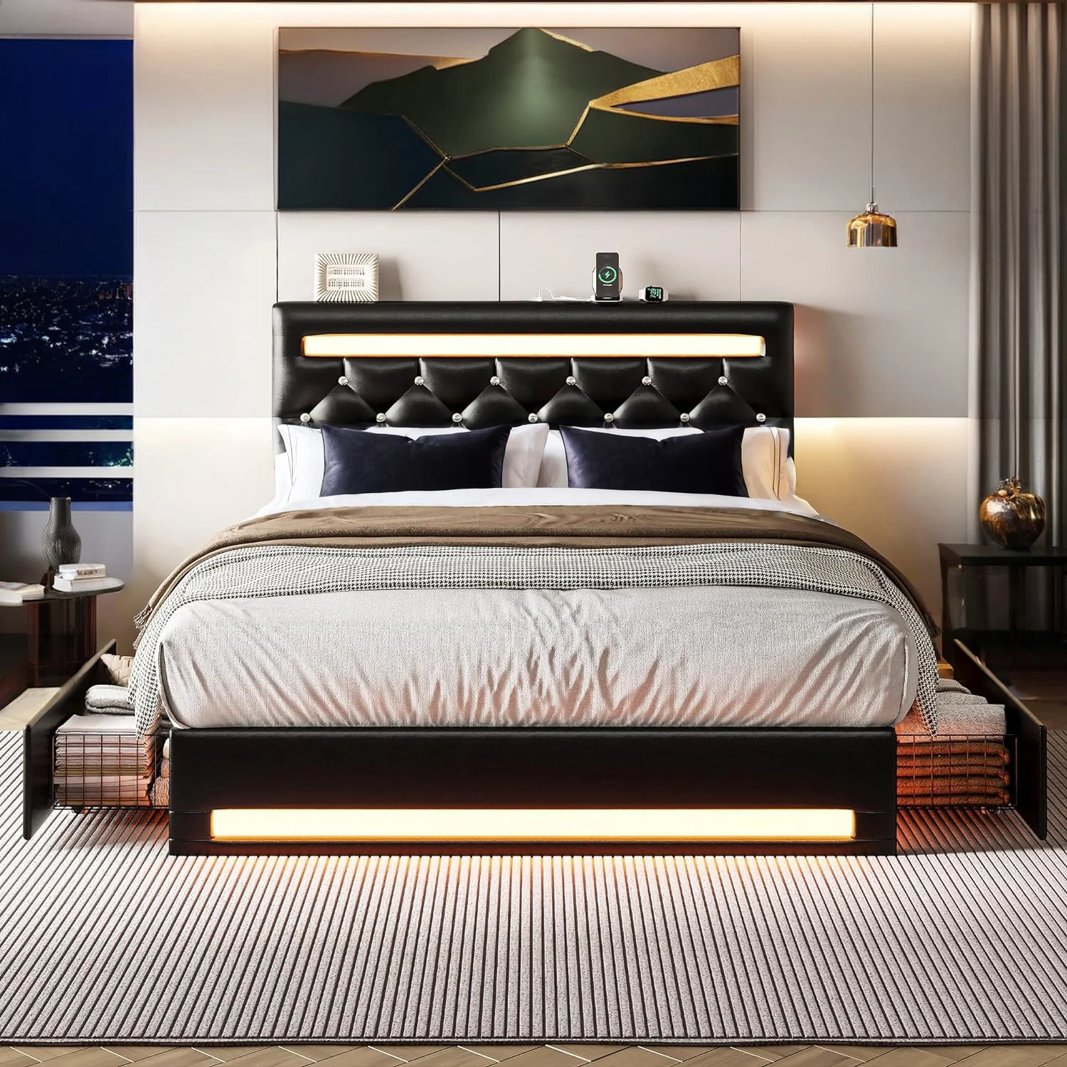 Environmentally Friendly PU Leather Platform Bed Frame with LED Light 4 Drawers Adjustable Button HeadboardPU Leather Platform Bed Frame with LED Light 4 Drawers Adjustable Button Headboard Proven