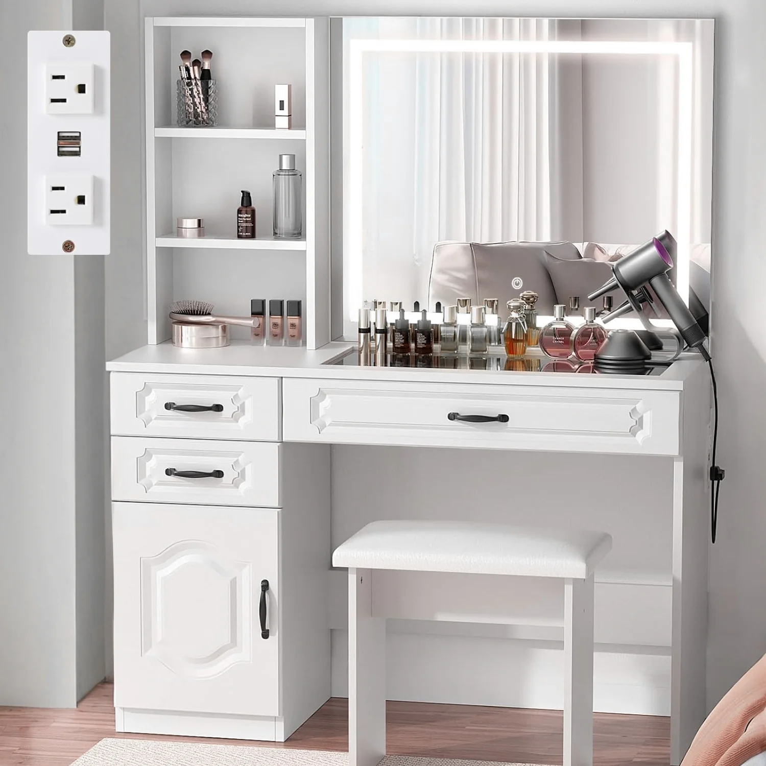 Prestigious 45” L Vanity with Lighted Mirror with Glass Top Power Strip Drawers and Shelves 3 Color Lighting Modes Adjustable Brightness45” L Vanity with Lighted Mirror with Glass Top Power Strip Drawers and Shelves 3 Color Lighting Modes Adjustable Brightness Sustainable