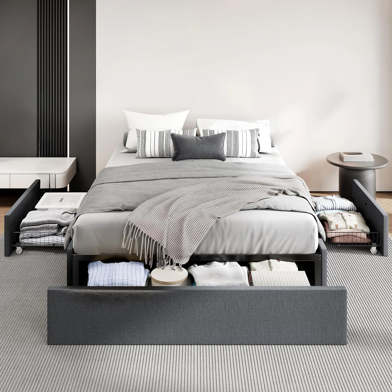 Smooth Upholstered Platform Bed Frame with 3 Storage Drawers No Headboard No Springs Required Dark GreyUpholstered Platform Bed Frame with 3 Storage Drawers No Headboard No Springs Required Dark Grey Versatile