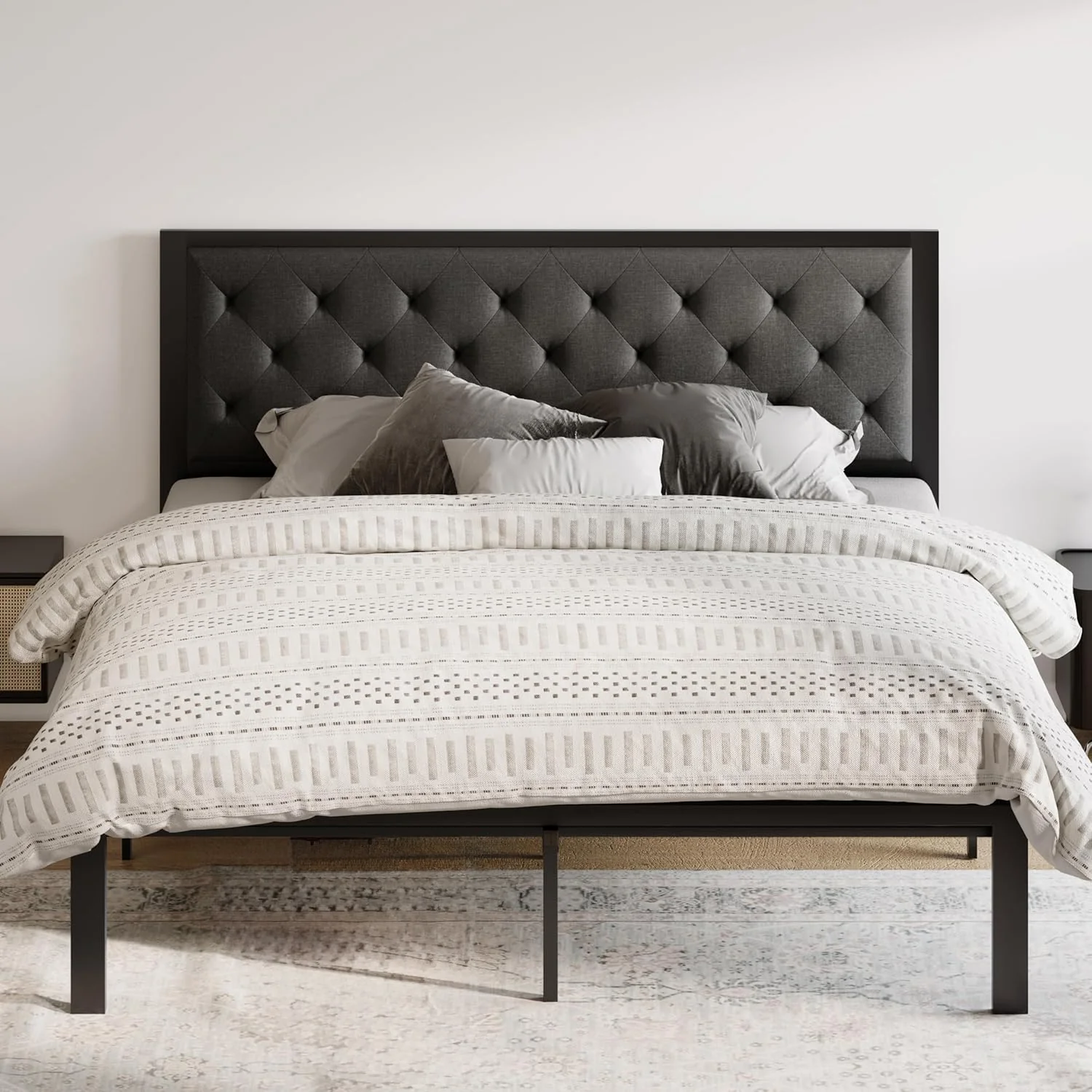 Original Design Upholstered Headboard Bed Frame Chic Diamond Seam Tufting Design No Springs Required Dark GrayUpholstered Headboard Bed Frame Chic Diamond Seam Tufting Design No Springs Required Dark Gray Exceptional