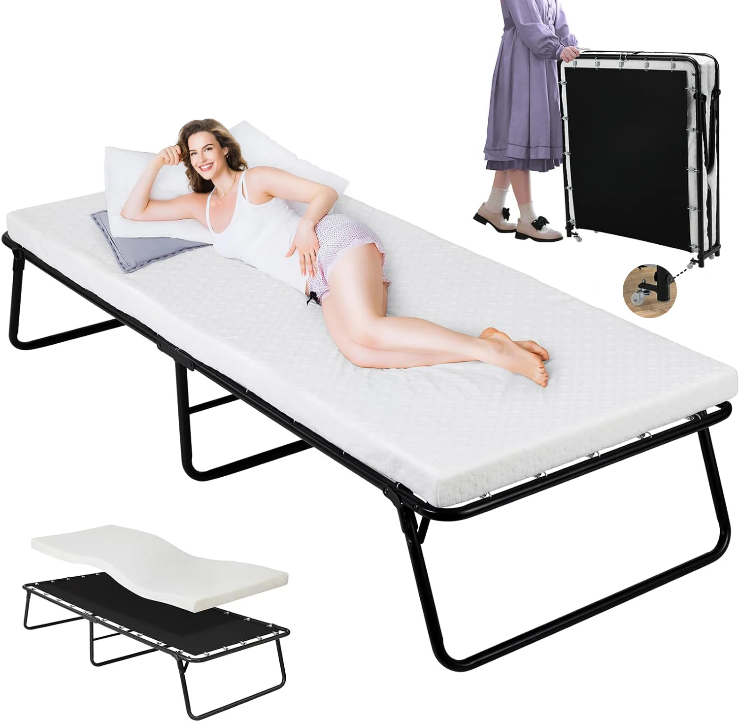 First-Class Adult Folding Bed Portable Bed with Wheels Metal Bed Frame with Memory Foam Mattress No Assembly NeededAdult Folding Bed Portable Bed with Wheels Metal Bed Frame with Memory Foam Mattress No Assembly Needed Outstanding