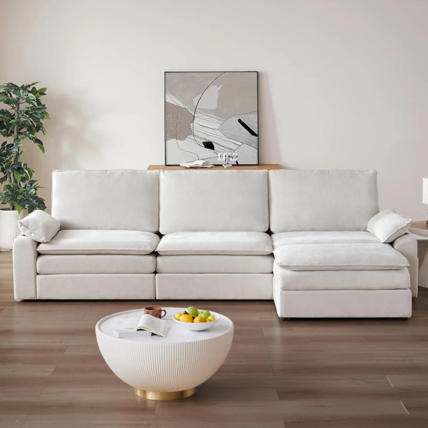 Optimized 119 Inch Oversized Modern Modular Sectional Sofa with Coffee Table Ottoman 4 Seater L-Shaped Chenille Cloud Couch with Dual Charging Ports119 Inch Oversized Modern Modular Sectional Sofa with Coffee Table Ottoman 4 Seater L-Shaped Chenille Cloud Couch with Dual Charging Ports Stylish
