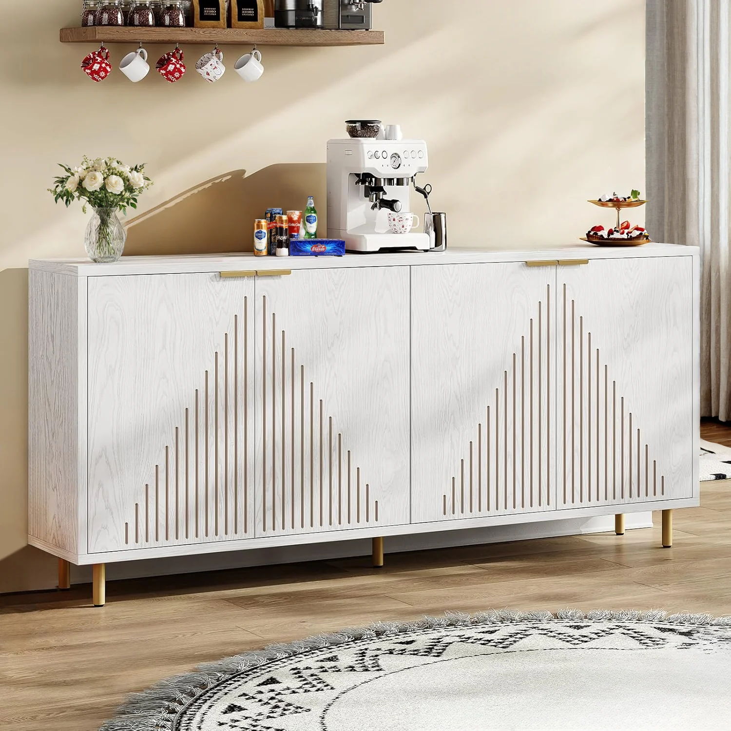 Secure 59 Inch Modern Sideboard Buffet Cabinet with Storage Kitchen Storage Cabinet Linear Design Coffee Bar Cabinet with 4 Doors and Adjustable Shelves59 Inch Modern Sideboard Buffet Cabinet with Storage Kitchen Storage Cabinet Linear Design Coffee Bar Cabinet with 4 Doors and Adjustable Shelves Premium Material
