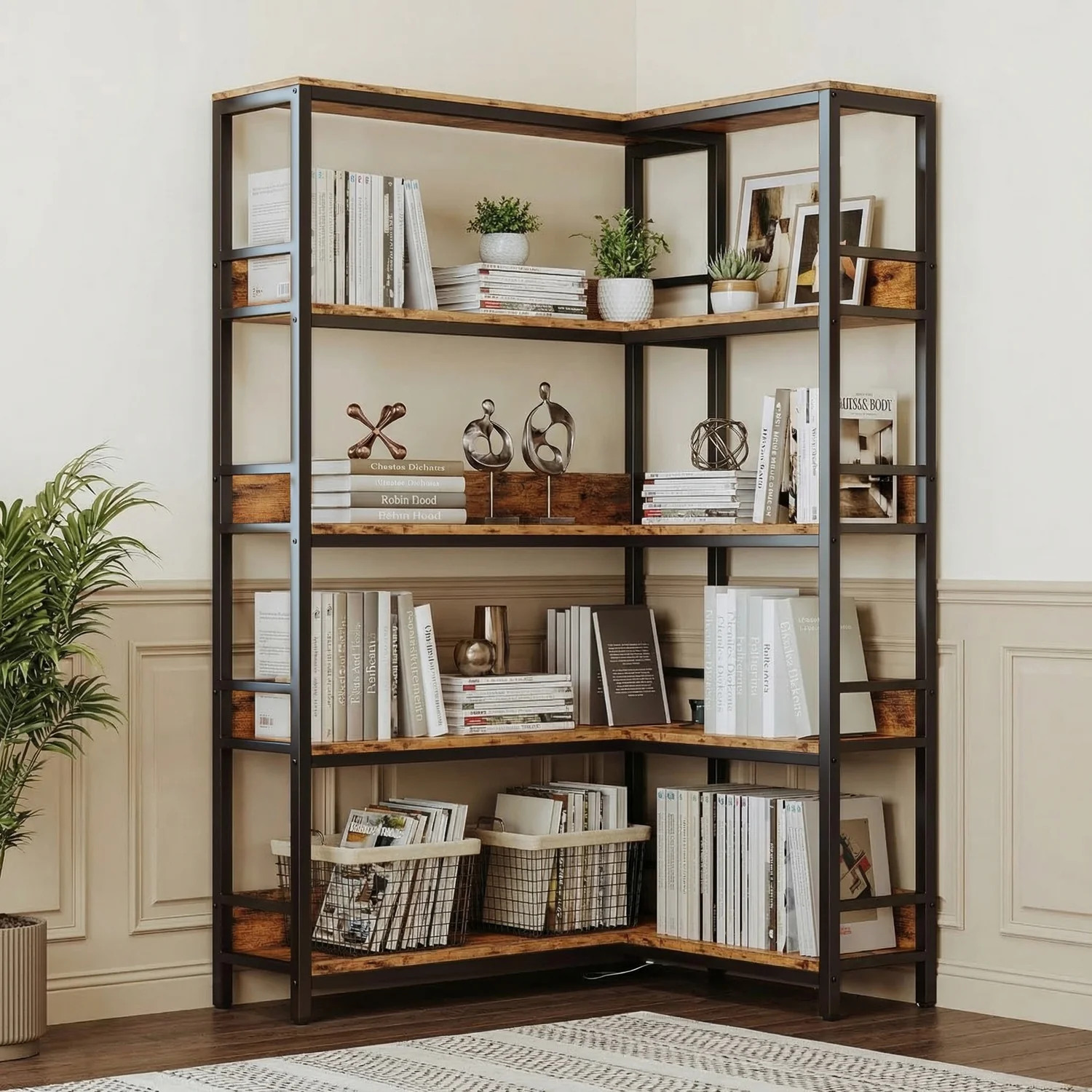 Modern 5 Tiers Corner Bookcases Industrial Bookshelves with Baffles Etagere Shelf Storage Rack with Metal Frame5 Tiers Corner Bookcases Industrial Bookshelves with Baffles Etagere Shelf Storage Rack with Metal Frame Original