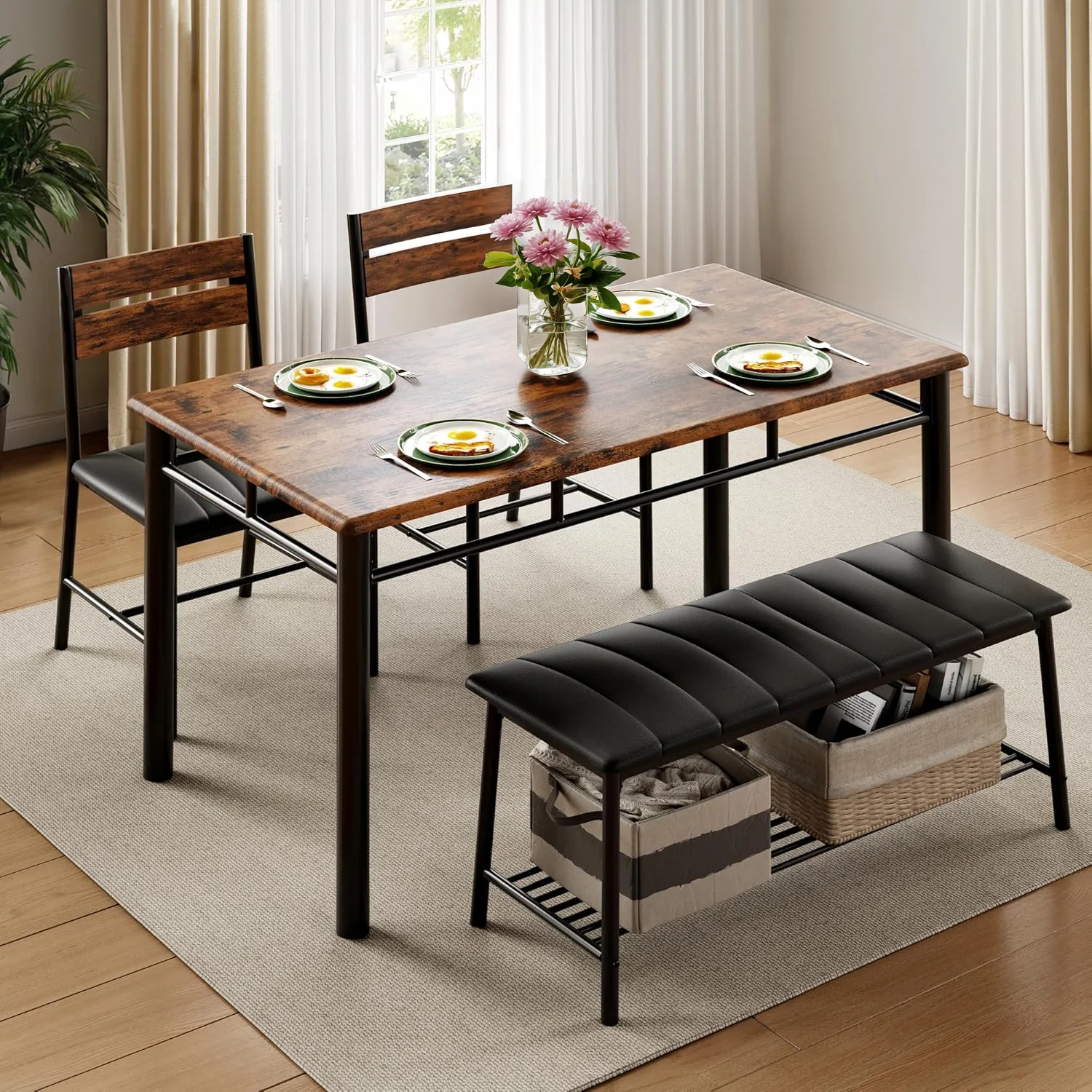 Unique Dining Table Set Wood Kitchen Table with Upholstered Bench and 2 Chairs Space-Saving Kitchen Table Set Compact Dining SetDining Table Set Wood Kitchen Table with Upholstered Bench and 2 Chairs Space-Saving Kitchen Table Set Compact Dining Set Smooth