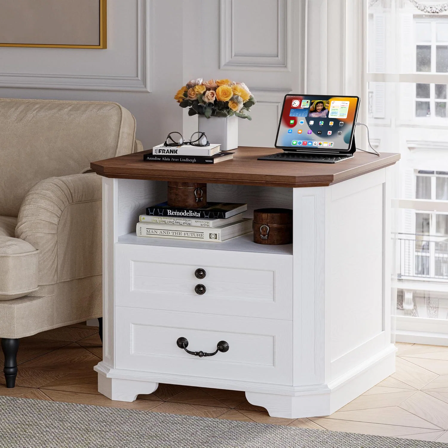 Enhanced Night Stand Farmhouse Bedside Table End Table with Charging Station Large Sofa Side Table with 2 DrawersNight Stand Farmhouse Bedside Table End Table with Charging Station Large Sofa Side Table with 2 Drawers Convenient