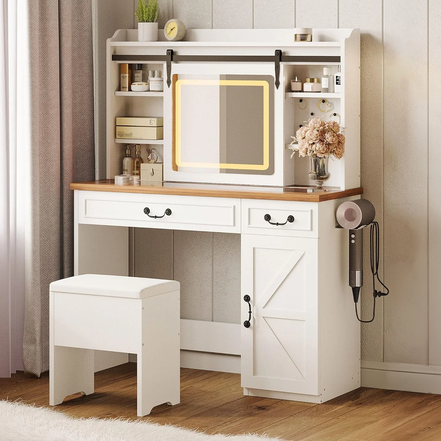 Convenient Vanity Desk Farmhouse Makeup Vanity Desk Big Vanity Set with Sliding Mirror and Lights Glass Tabletop Charging Station DrawersVanity Desk Farmhouse Makeup Vanity Desk Big Vanity Set with Sliding Mirror and Lights Glass Tabletop Charging Station Drawers Selected