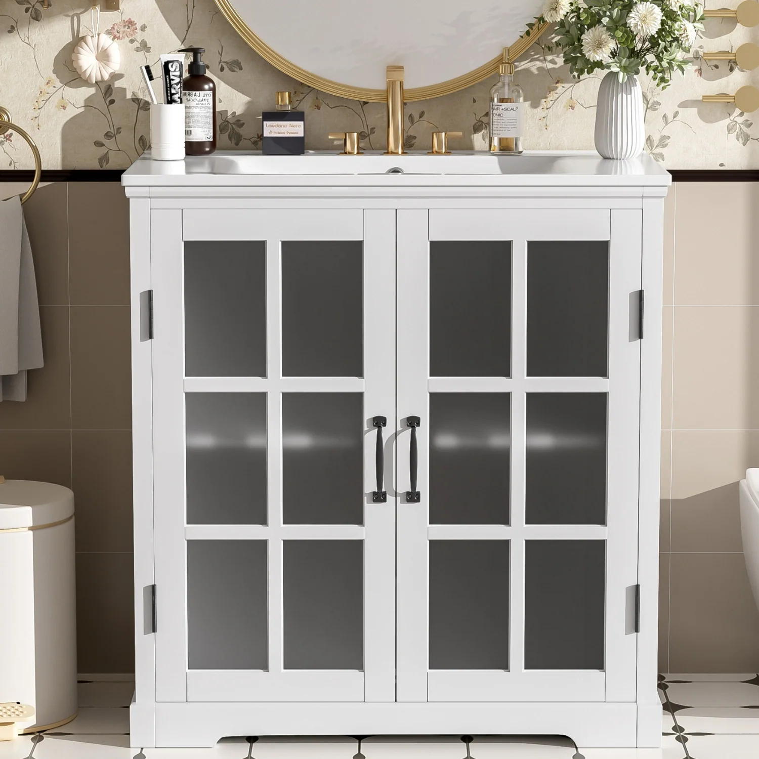 Crafted White Bathroom Vanity with Ceramic Sink Tempered Blurred Glass and Matte Black Handles Large Storage Space and Rubber Wood FrameWhite Bathroom Vanity with Ceramic Sink Tempered Blurred Glass and Matte Black Handles Large Storage Space and Rubber Wood Frame Classic