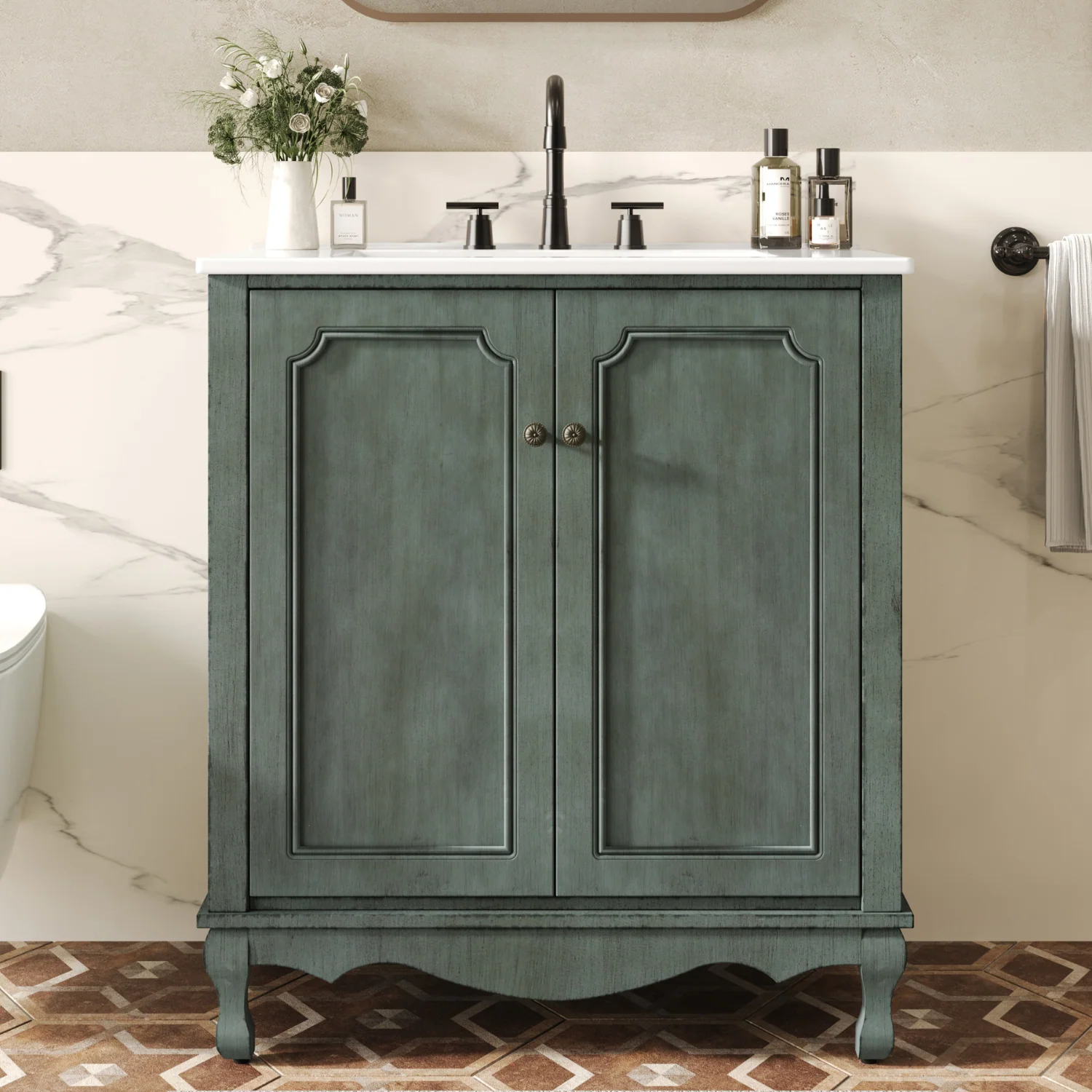 Minimalist Bathroom Vanity 30 Bathroom Vanity Cabinet with Rectangle Ceramic Sink with Antique Handles Bathroom Storage Cabinet with Rubber Wood Legs and Adjustable shelvesBathroom Vanity 30 Bathroom Vanity Cabinet with Rectangle Ceramic Sink with Antique Handles Bathroom Storage Cabinet with Rubber Wood Legs and Adjustable shelves Refined