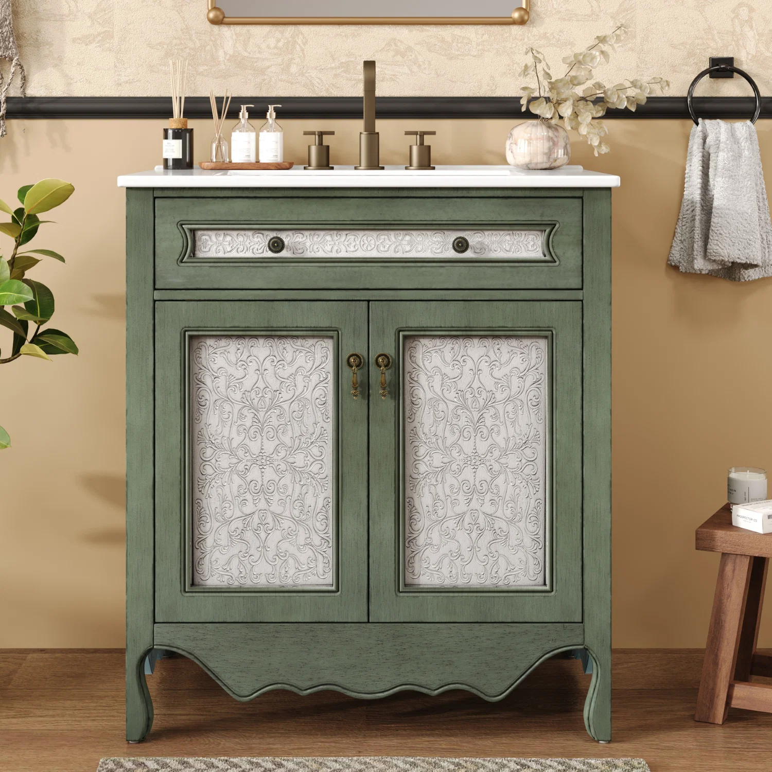 Original Design Antique Pattern Bathroom Vanity 30 Bathroom Vanity Cabinet with Rectangle Ceramic Sink Flip-Out Drawer Equipped Antique Handles Rubber Wood legs Discontinued Antique Pattern Bathroom Vanity 30 Bathroom Vanity Cabinet with Rectangle Ceramic Sink Flip-Out Drawer Equipped Antique Handles Rubber Wood legs Discontinued Original