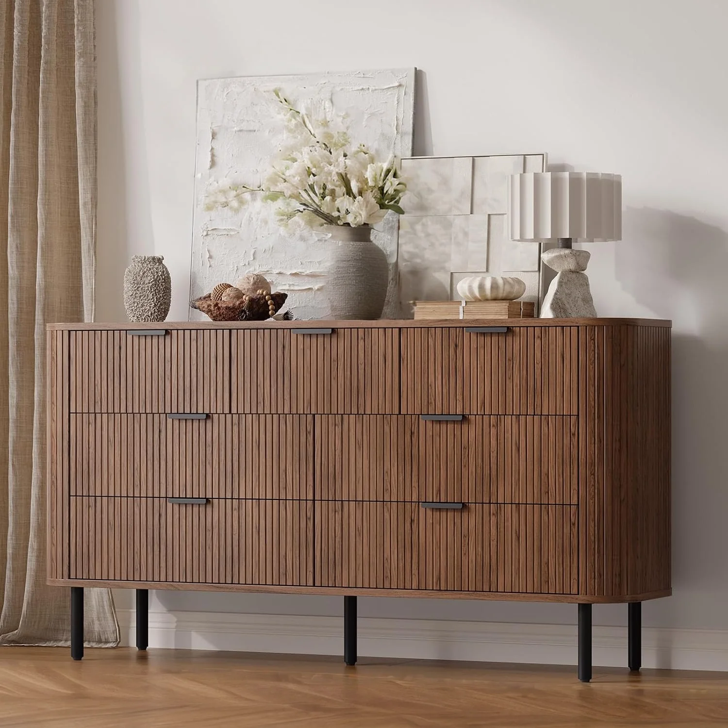 Refined 7 Drawer Dresser Chest of Drawers for Bedroom 60 Wide Fluted Dresser with Metal Handles and Adjustable Footpads7 Drawer Dresser Chest of Drawers for Bedroom 60 Wide Fluted Dresser with Metal Handles and Adjustable Footpads Authentic