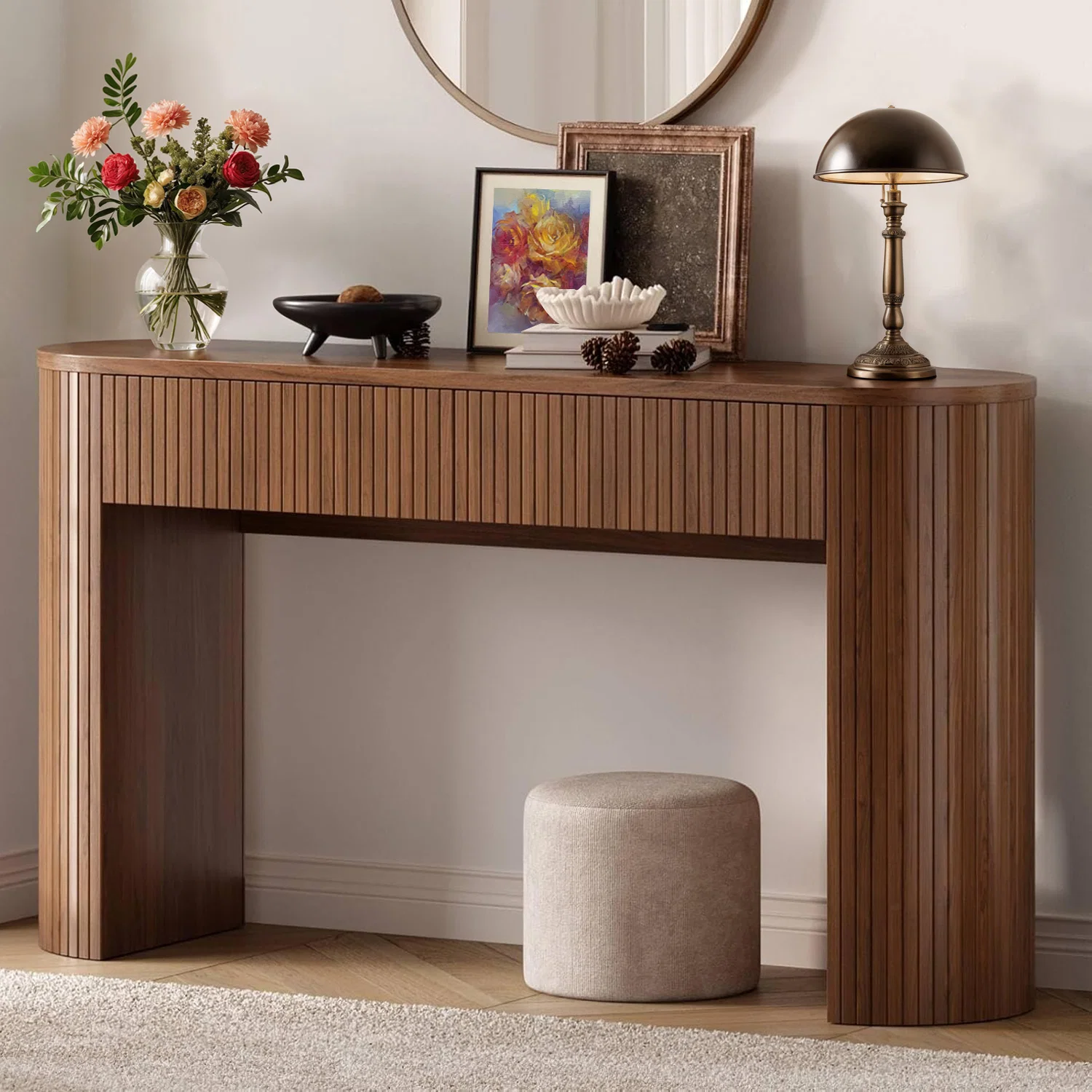 Verified Console Table Narrow Entry Table with Storage 55 Inch Fluted Oval Entryway Table with 2 DrawersConsole Table Narrow Entry Table with Storage 55 Inch Fluted Oval Entryway Table with 2 Drawers Fine Crafted