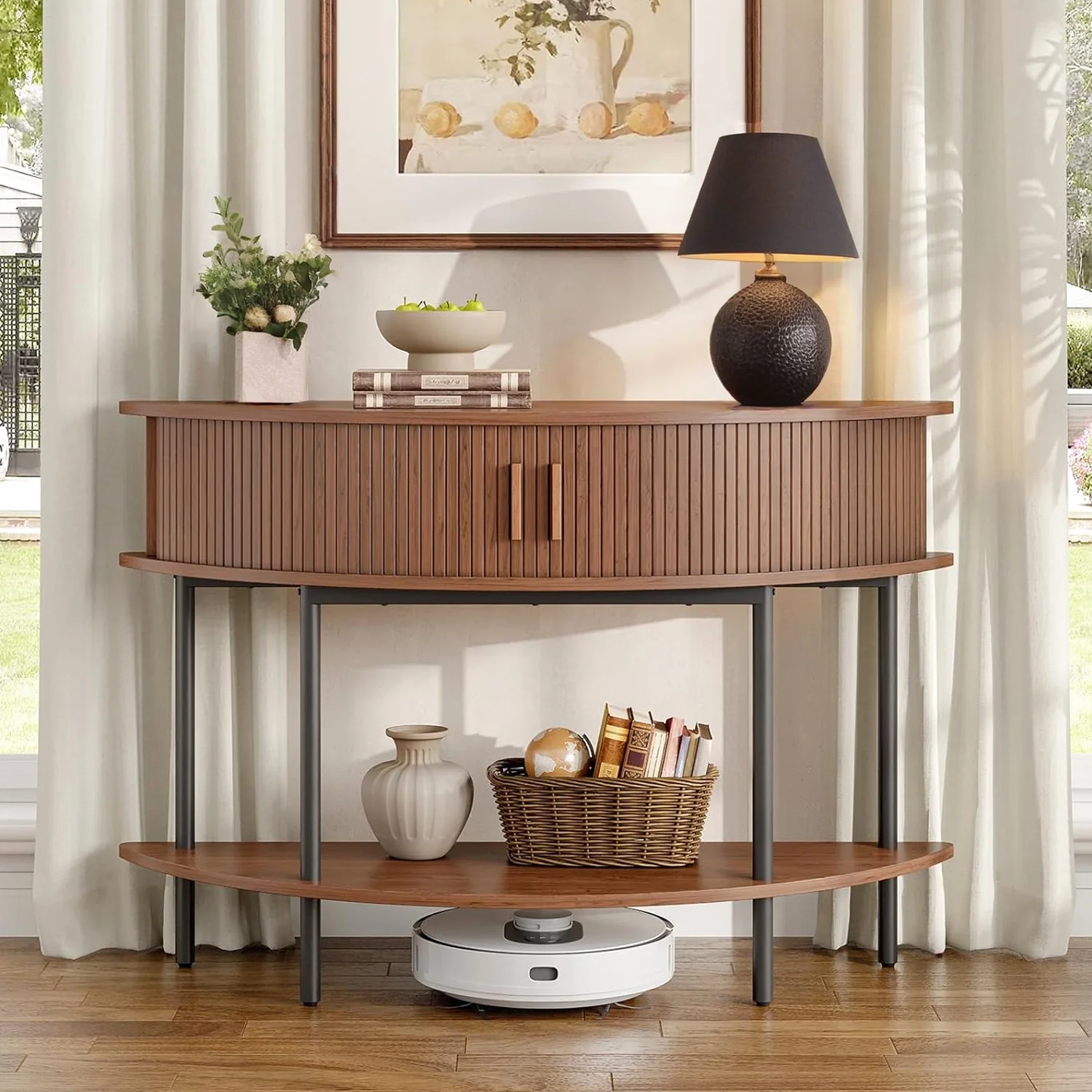 Fast Fluted Console Table 2-Tier Entry Table with Storage 46 Inch Half Moon Entryway Table with Sliding DoorsFluted Console Table 2-Tier Entry Table with Storage 46 Inch Half Moon Entryway Table with Sliding Doors High-Grade