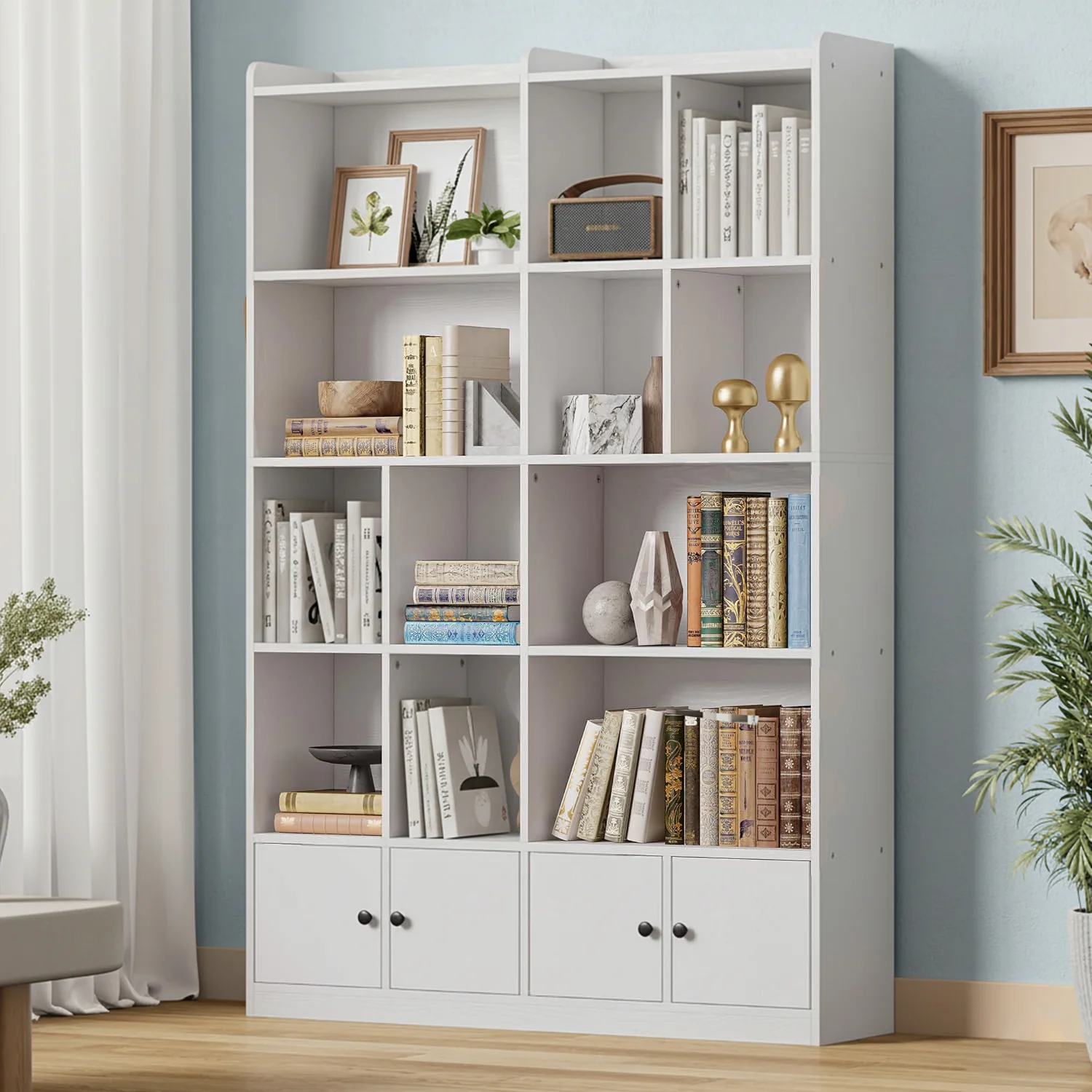 Versatile 6-Tier Bookshelf with 4 Doors Tall Floor Standing Bookcase for Living Room Home Office Bedroom Storage6-Tier Bookshelf with 4 Doors Tall Floor Standing Bookcase for Living Room Home Office Bedroom Storage Pure