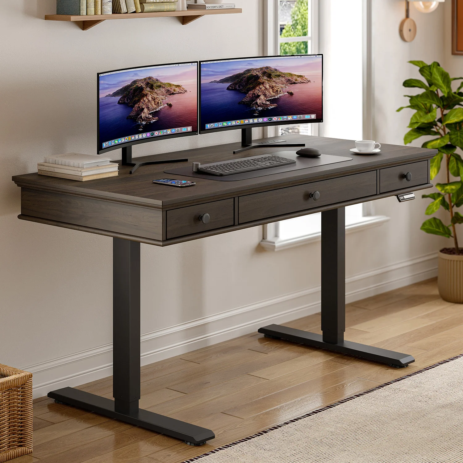 Exceptional 55 x 23 Inch Electric Standing Desk with Drawers Height Adjustable Home Office Desk with Power Outlets55 x 23 Inch Electric Standing Desk with Drawers Height Adjustable Home Office Desk with Power Outlets Premium Material