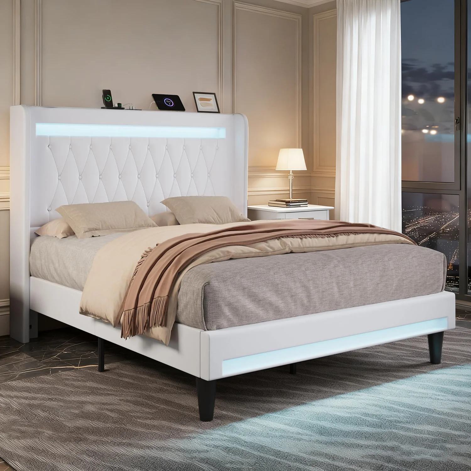 High-Performance LED Velvet Upholstered Platform Bed Frame with Charging Station Tufted Wingback High Headboard No Box Spring NeededLED Velvet Upholstered Platform Bed Frame with Charging Station Tufted Wingback High Headboard No Box Spring Needed Convenient