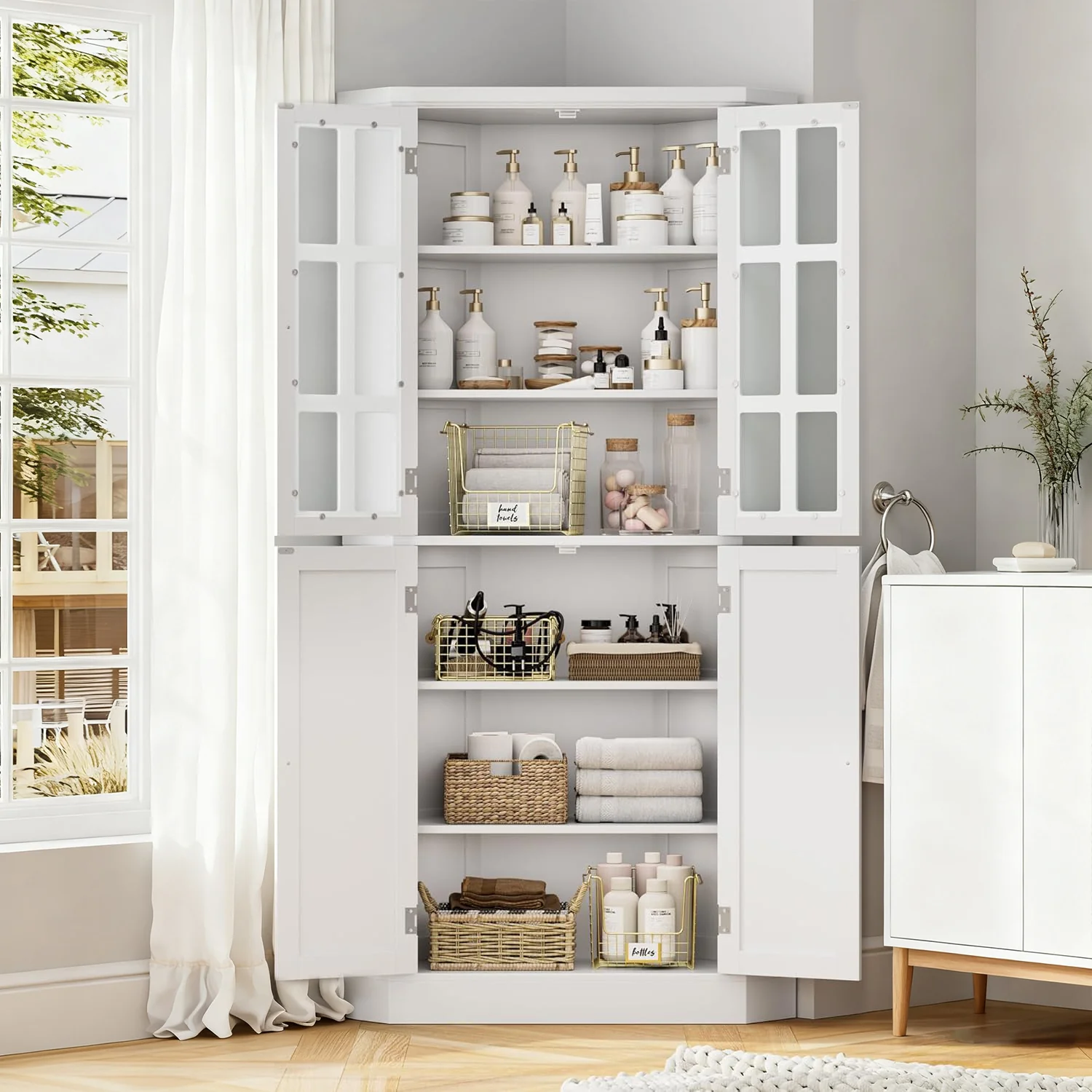 Relaxed 67 Farmhouse Corner Kitchen Cabinet Space-Saving Storage with 6 Shelves Doors for Kitchen Bathroom Living Room67 Farmhouse Corner Kitchen Cabinet Space-Saving Storage with 6 Shelves Doors for Kitchen Bathroom Living Room Exclusive
