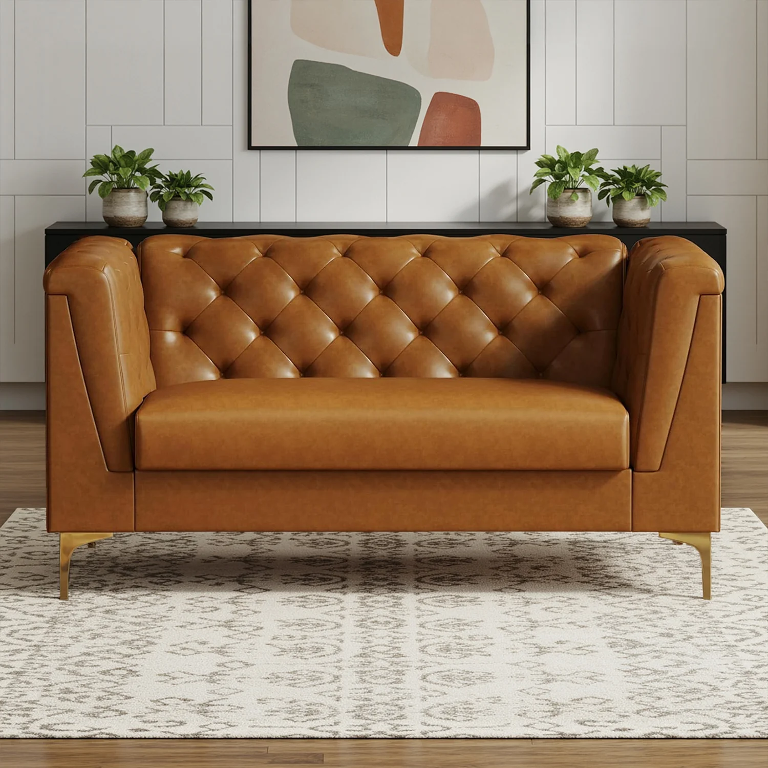 Solid Mid-Century Modern Faux Leather Sofa Deep-Seat Couch with Armrests and Comfortable Cushions for Living Room Office or ApartmentMid-Century Modern Faux Leather Sofa Deep-Seat Couch with Armrests and Comfortable Cushions for Living Room Office or Apartment Exceptional