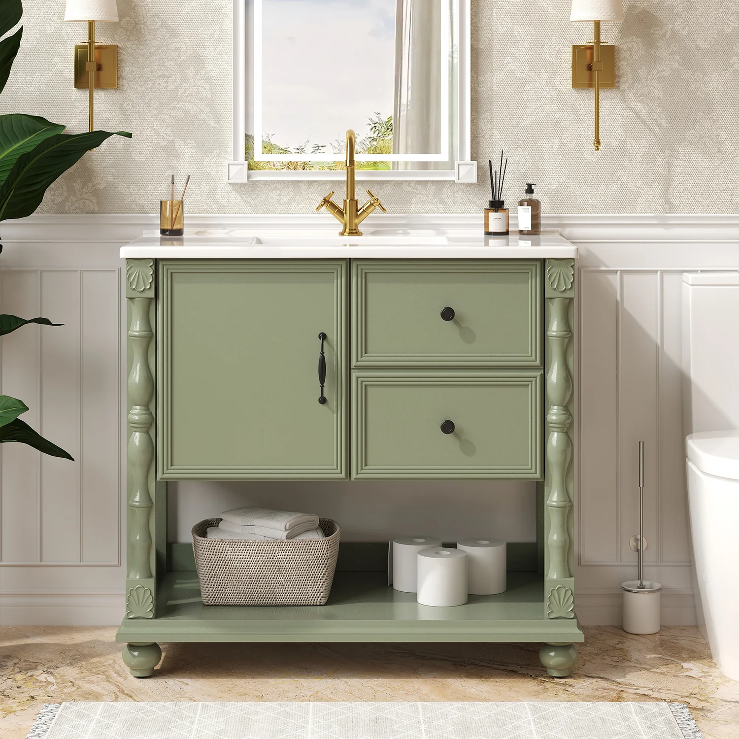 Contemporary 36 Inch Bathroom Vanity with Rectangular Sink Bathroom Storage Cabinet with Door Drawer Open Shelf36 Inch Bathroom Vanity with Rectangular Sink Bathroom Storage Cabinet with Door Drawer Open Shelf Prestigious