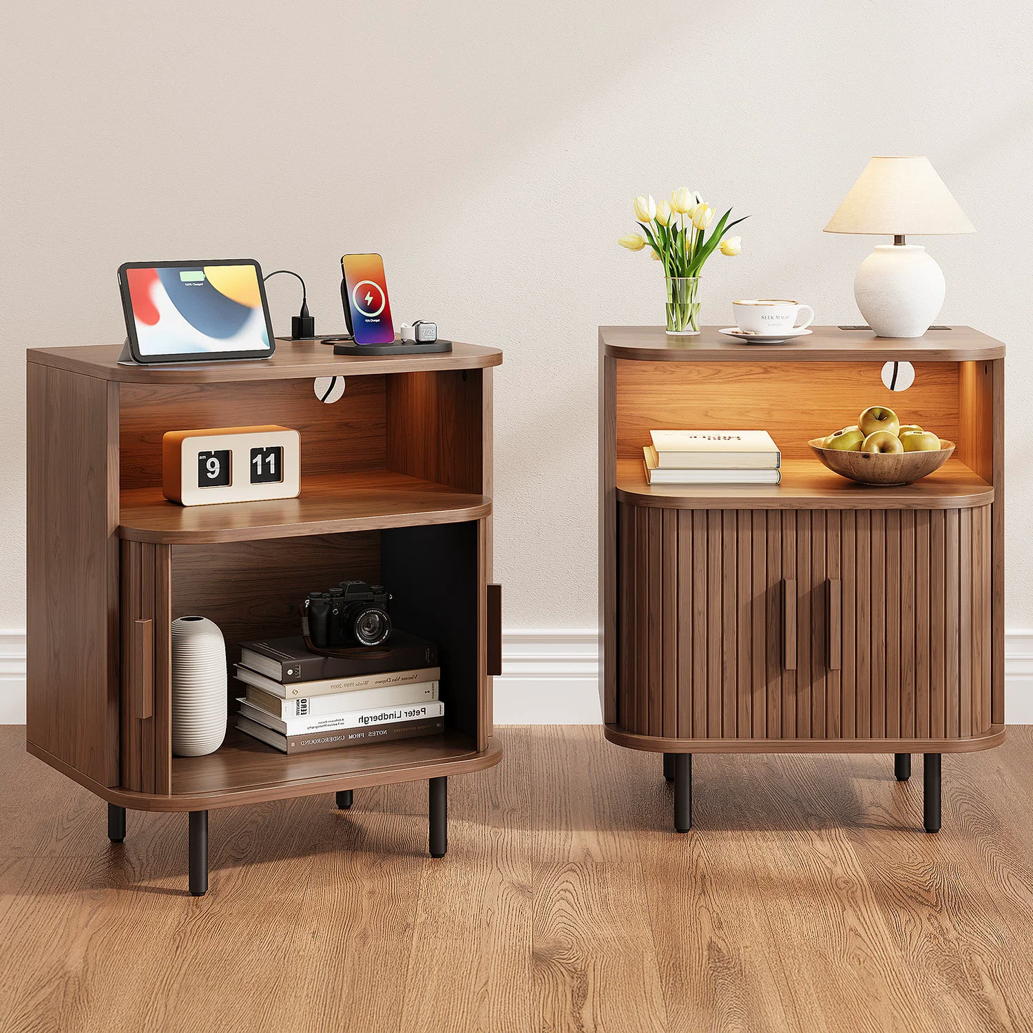 Elite LED Nightstand with Charging Station Fluted Bedside Table with Open Shelf Sliding DoorLED Nightstand with Charging Station Fluted Bedside Table with Open Shelf Sliding Door Detailed