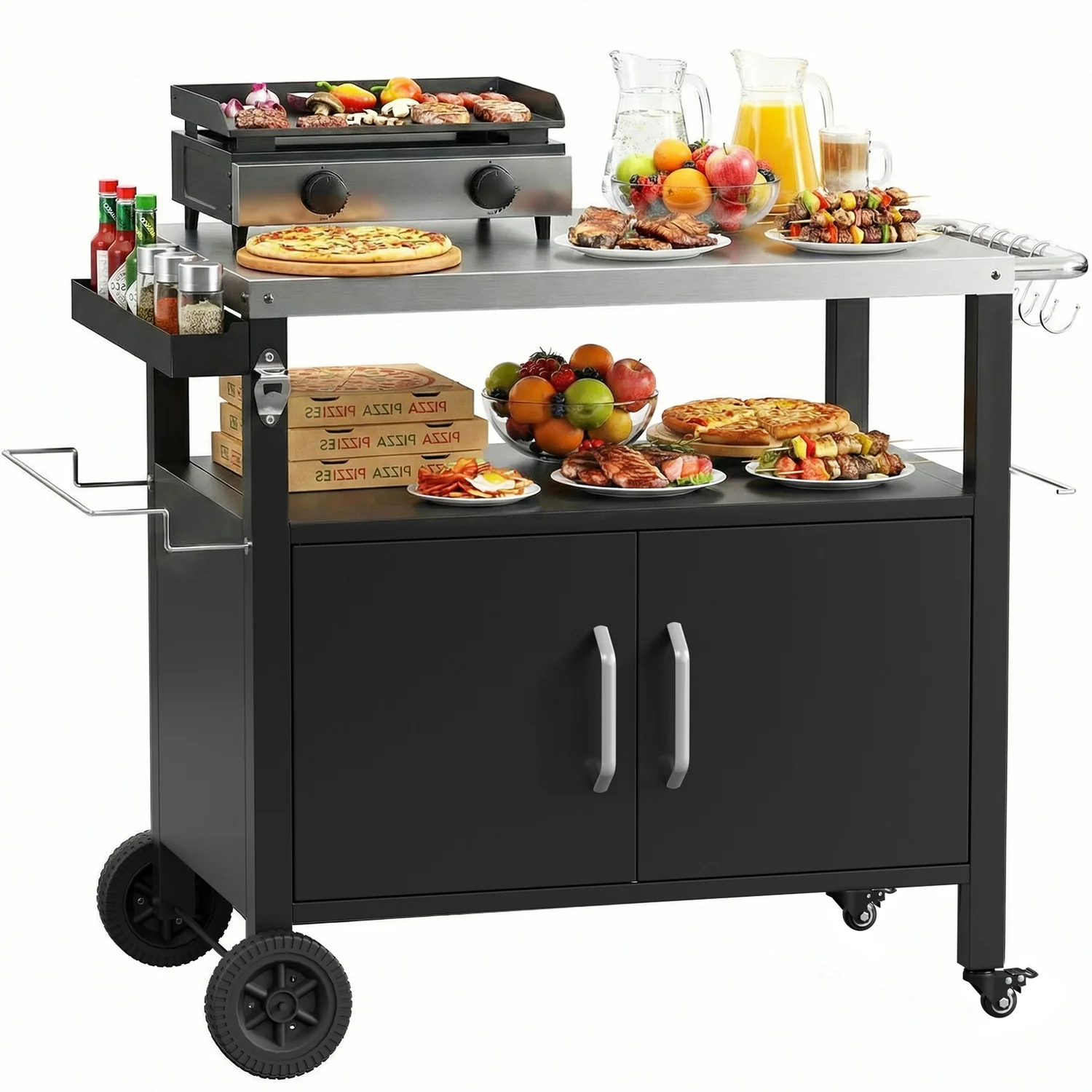 Durable Outdoor Grill Cart with Storage Cabinet Kitchen Island with Stainless Steel Top and Wheels for Food Prep and BBQOutdoor Grill Cart with Storage Cabinet Kitchen Island with Stainless Steel Top and Wheels for Food Prep and BBQ Traditional