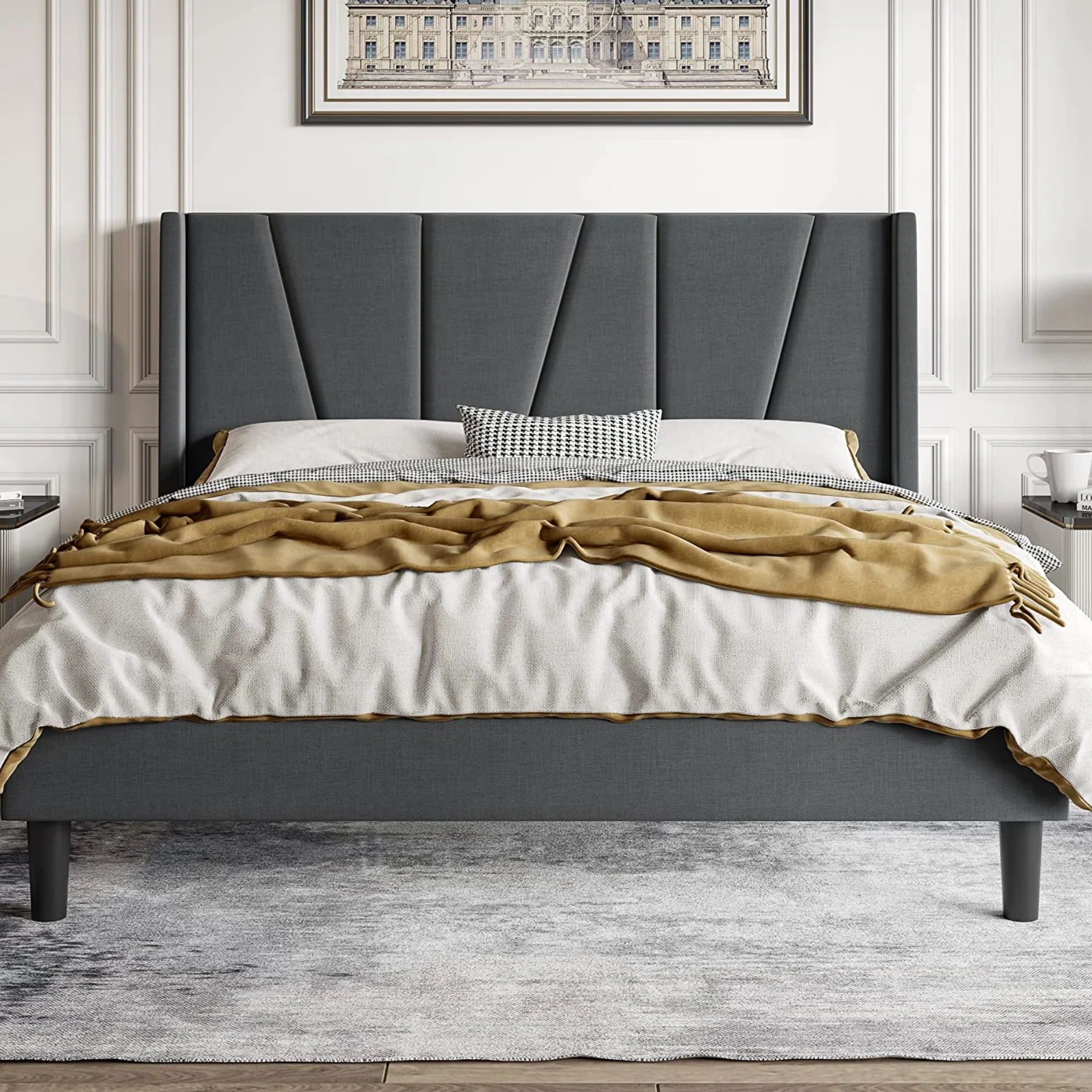 Clean Bed Frame with Geometric Headboard Wooden Slats No Box Spring Needed Mattress Foundation – Beige GreyBed Frame with Geometric Headboard Wooden Slats No Box Spring Needed Mattress Foundation – Beige Grey Dependable
