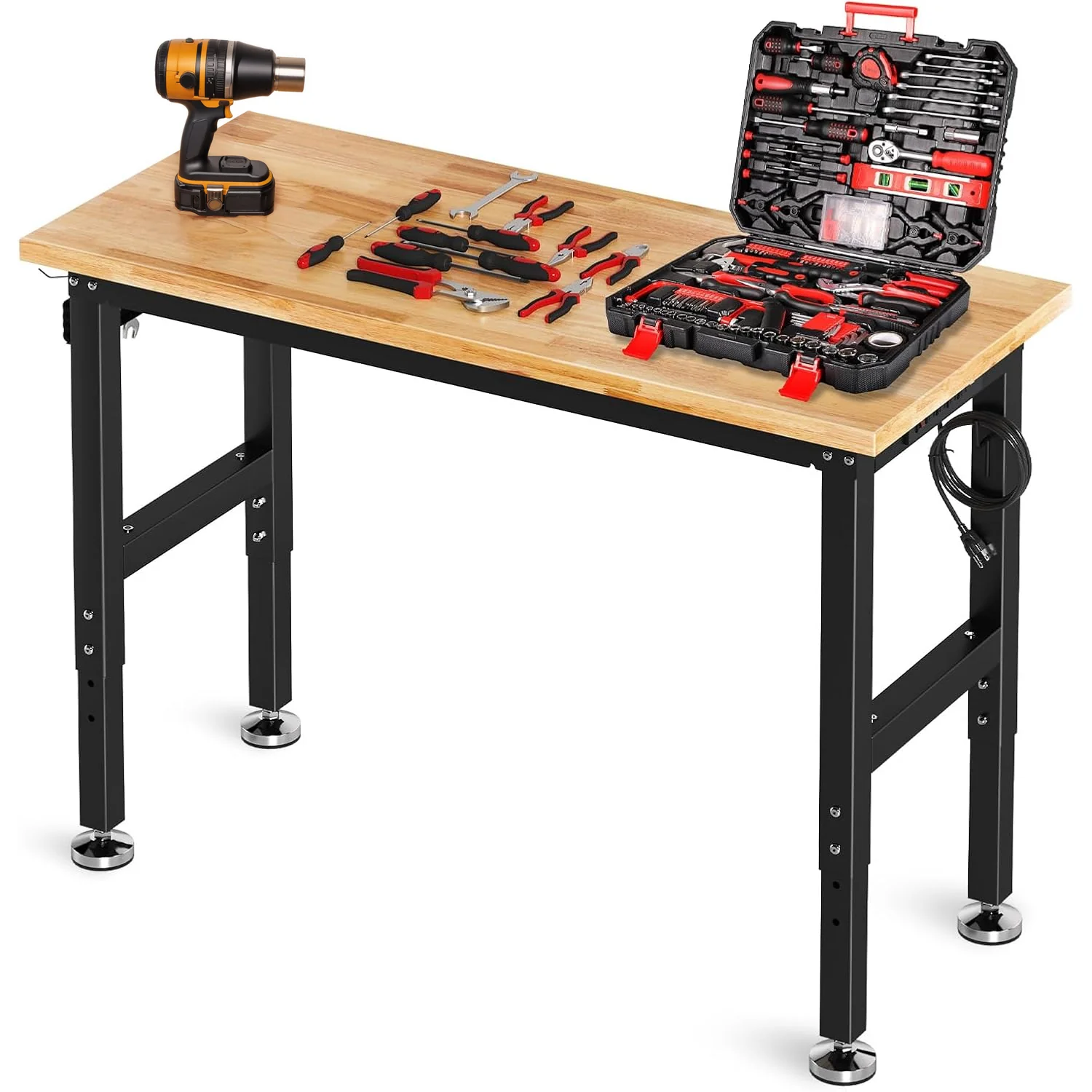 Official Height Adjustable Workbench with Power Outlets 2000 LBS Load Capacity Rubber Wood Top Workstation Heavy-Duty Work TableHeight Adjustable Workbench with Power Outlets 2000 LBS Load Capacity Rubber Wood Top Workstation Heavy-Duty Work Table Reusable