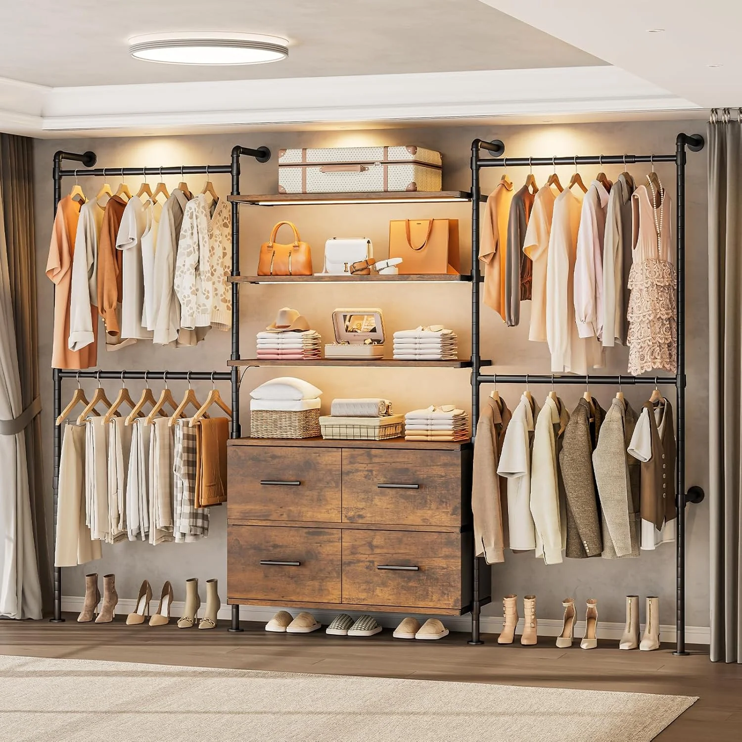 Advanced Closet System with LED Light Industrial Pipe Clothing Rack with 4 Drawers 4 Telescopic Rods and 6 ShelvesCloset System with LED Light Industrial Pipe Clothing Rack with 4 Drawers 4 Telescopic Rods and 6 Shelves Lightweight