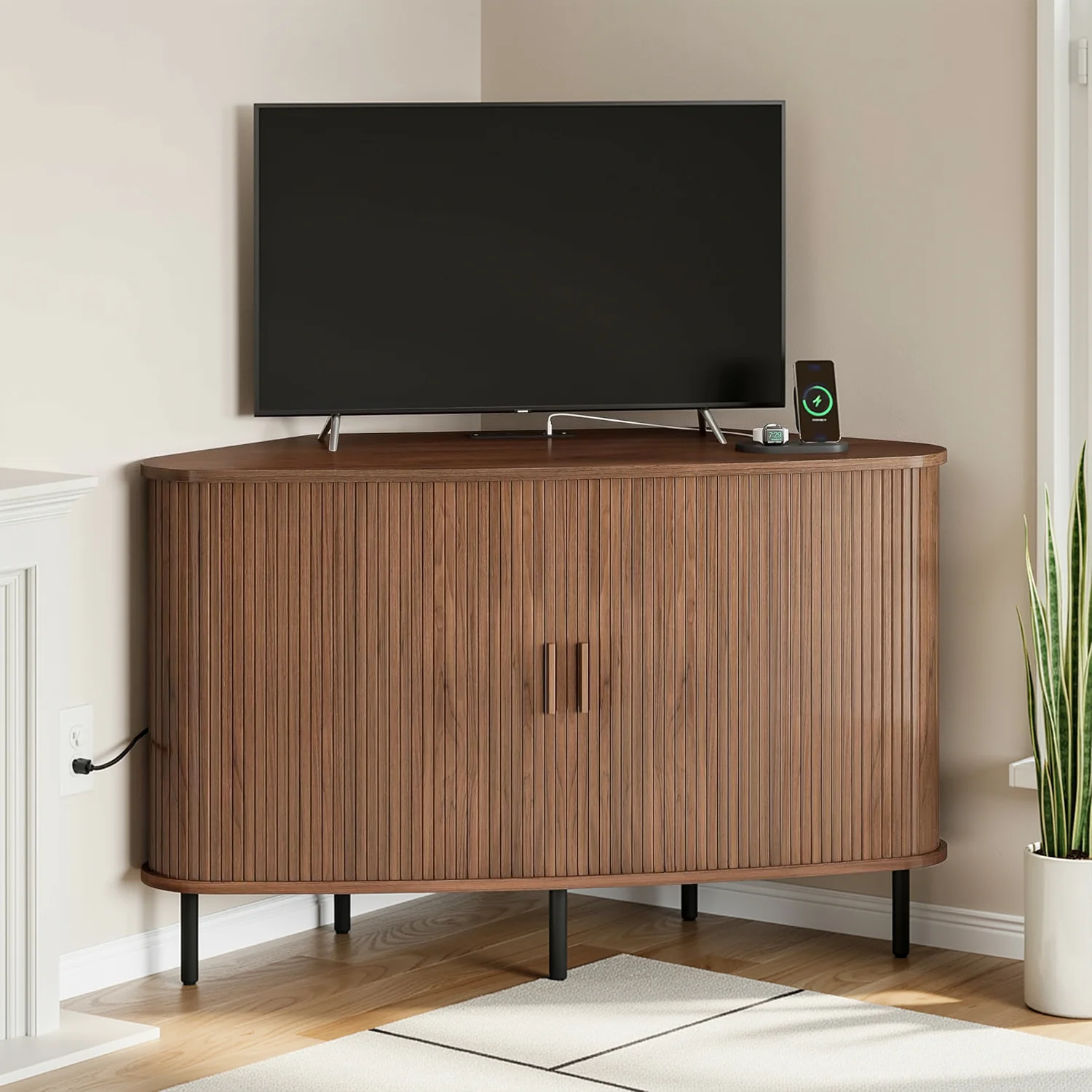 Original Design 47-inch Corner Storage Cabinet TV Stand Fits up to 55 Inch T with Power Outlet and Sliding Doors47-inch Corner Storage Cabinet TV Stand Fits up to 55 Inch T with Power Outlet and Sliding Doors Responsible