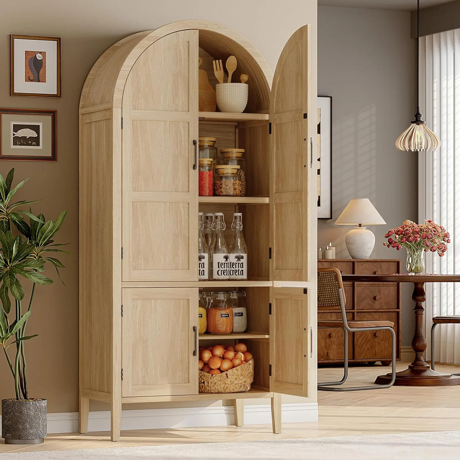 Soft 71 Wooden Arched Kitchen Pantry Cabinet with Doors Shelves and Adjustable Feet71 Wooden Arched Kitchen Pantry Cabinet with Doors Shelves and Adjustable Feet Clean