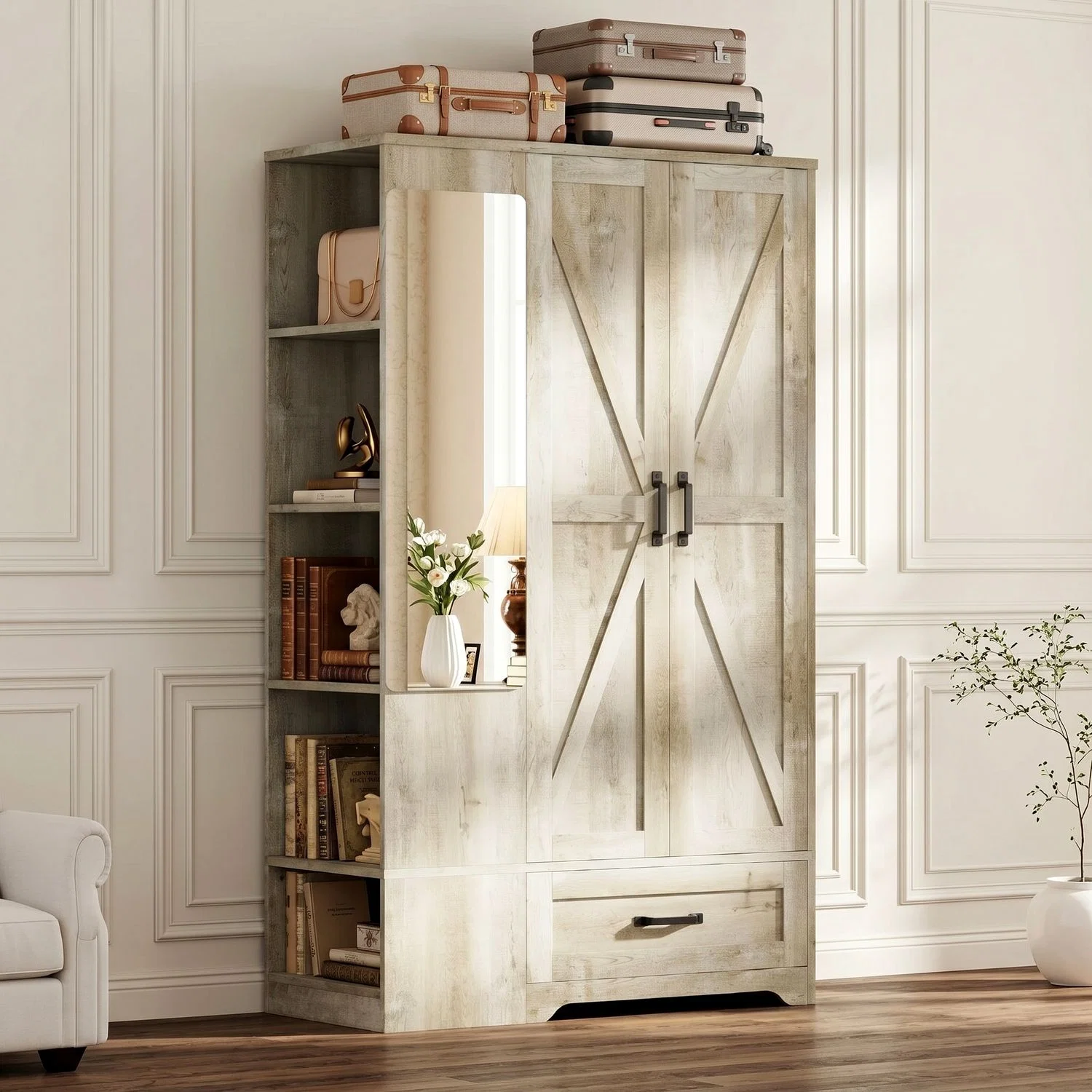 Organic 70 Armoire Wardrobe Closet with Mirror standing Wooden Wardrobe Cabinet with Drawer Shelves Hanging Rail for Bedroom Storage70 Armoire Wardrobe Closet with Mirror standing Wooden Wardrobe Cabinet with Drawer Shelves Hanging Rail for Bedroom Storage Flexible