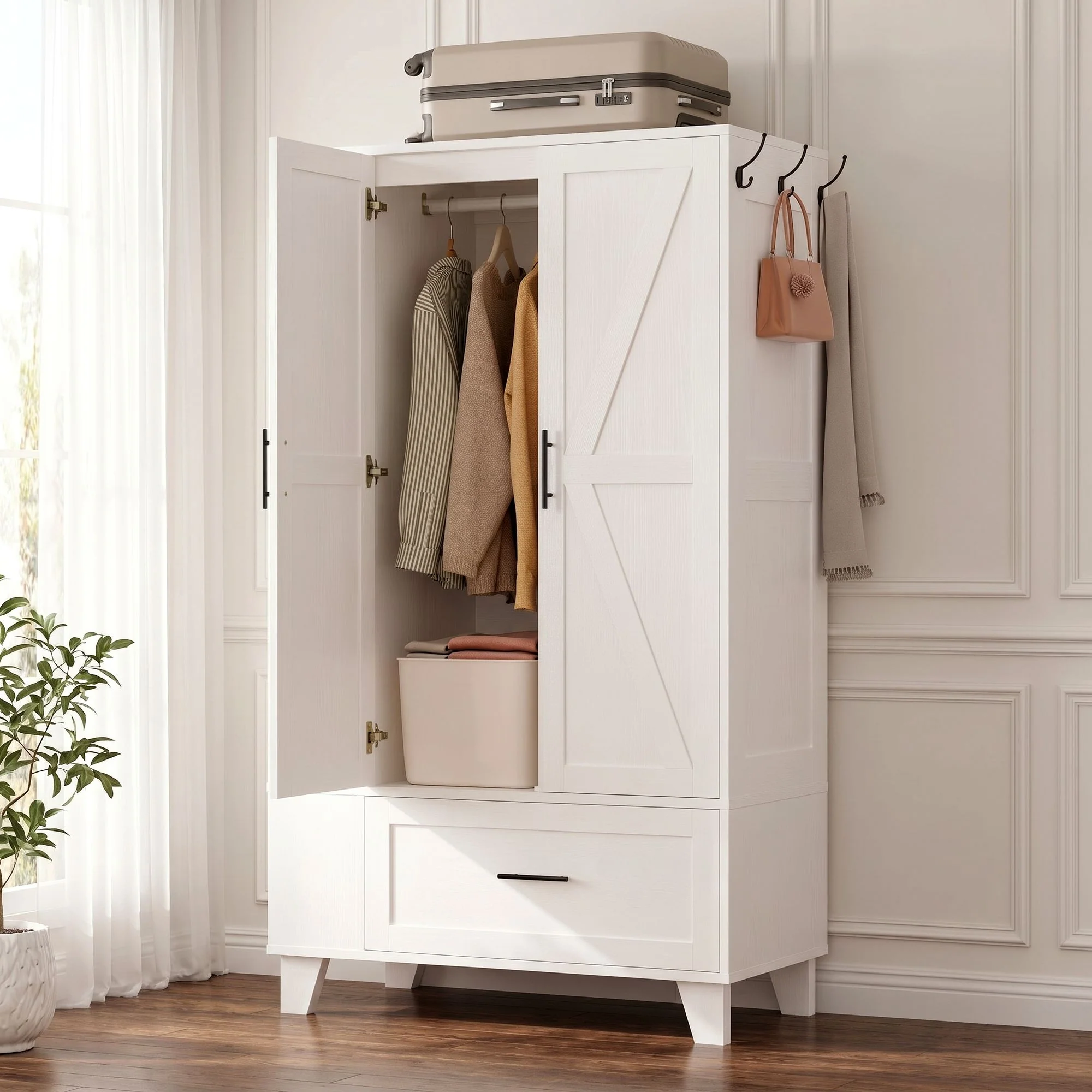 Enhanced 67 Armoire Wardrobe Closet with Mirror Drawer Wooden Storage Cabinet with Side Shelves and Hooks67 Armoire Wardrobe Closet with Mirror Drawer Wooden Storage Cabinet with Side Shelves and Hooks High-End