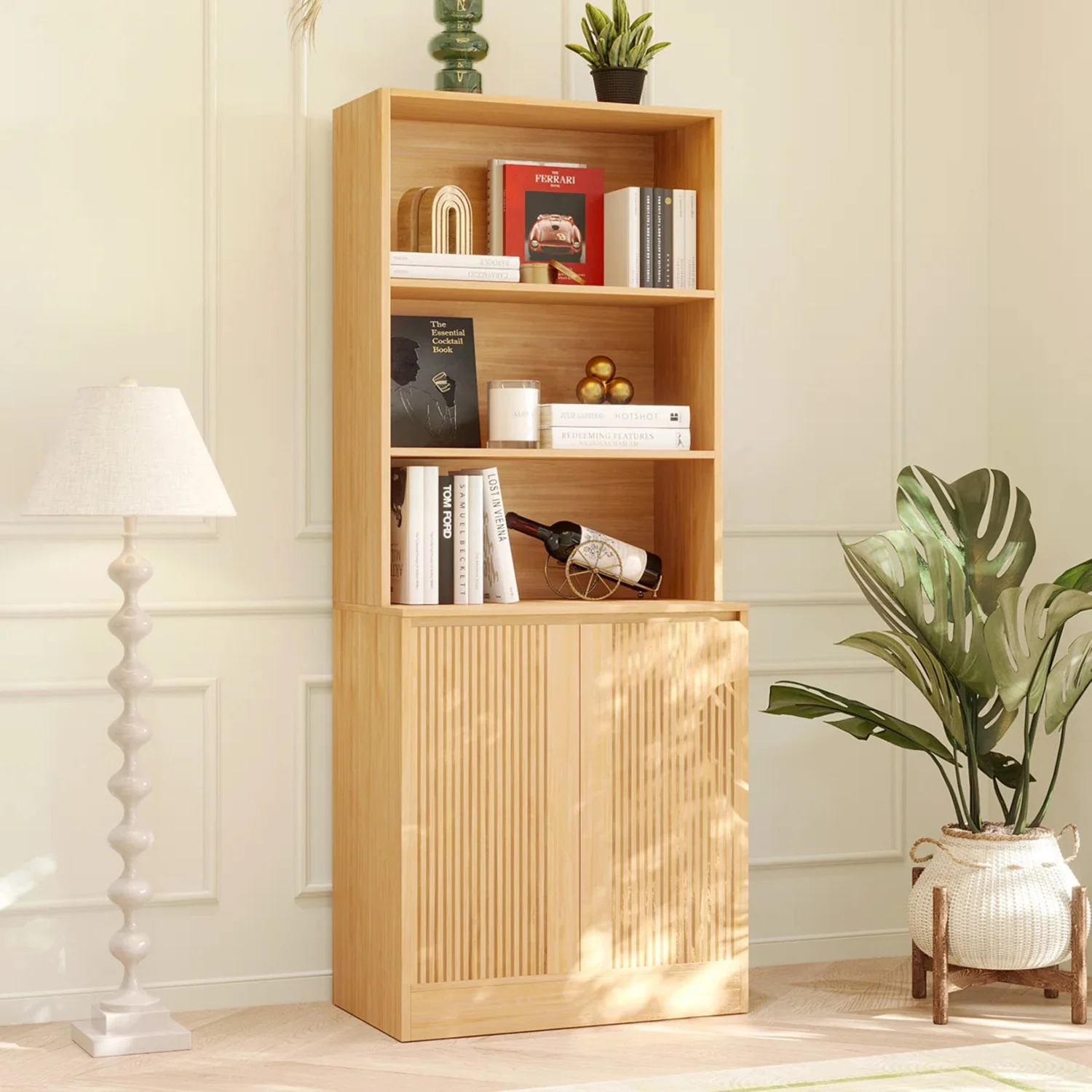 Next-Generation 71 Tall 5-Tier Bookshelf with Fluted Doors Open Shelves and Storage Cabinet71 Tall 5-Tier Bookshelf with Fluted Doors Open Shelves and Storage Cabinet Premium