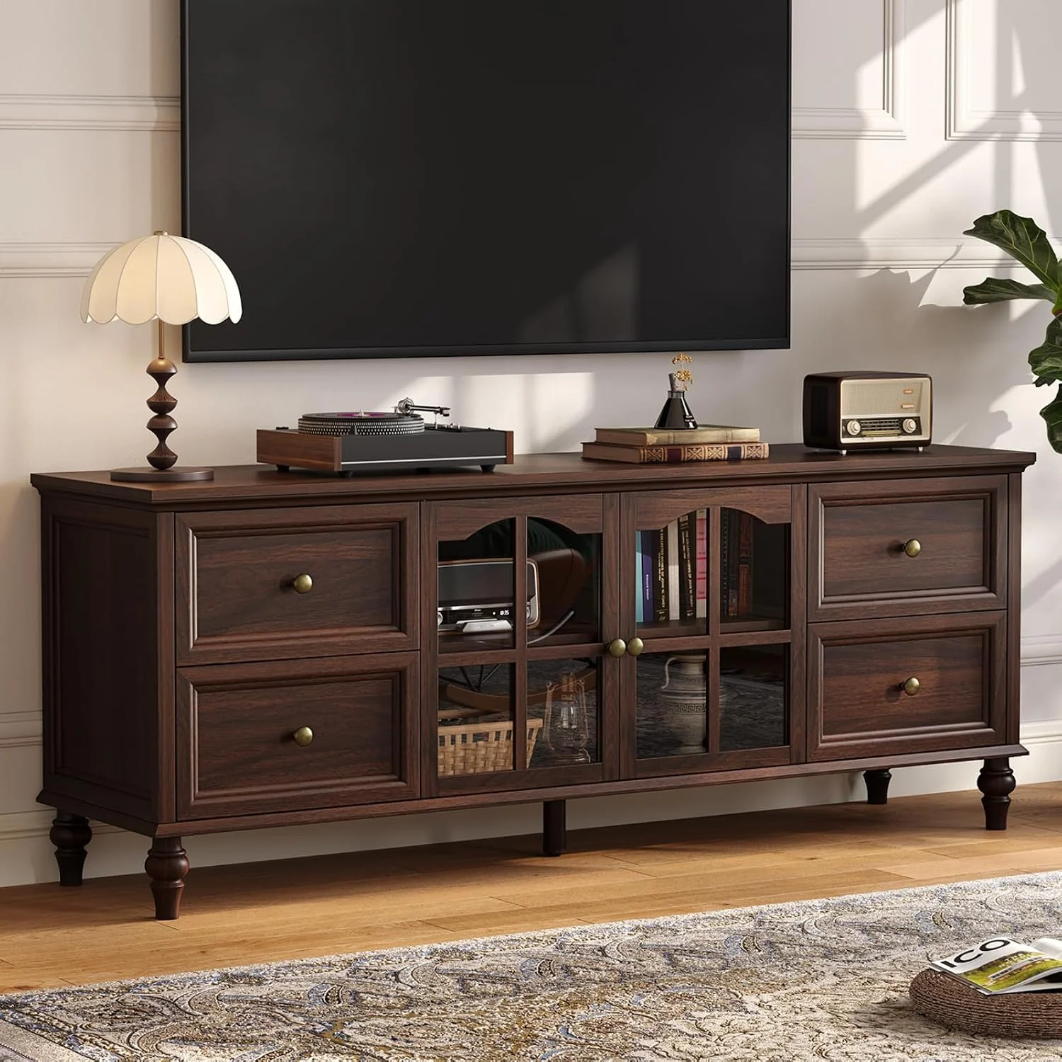 Original 62 Inch Farmhouse TV Stand Entertainment Center with Drawers Glass Doors Adjustable Shelves62 Inch Farmhouse TV Stand Entertainment Center with Drawers Glass Doors Adjustable Shelves Practical