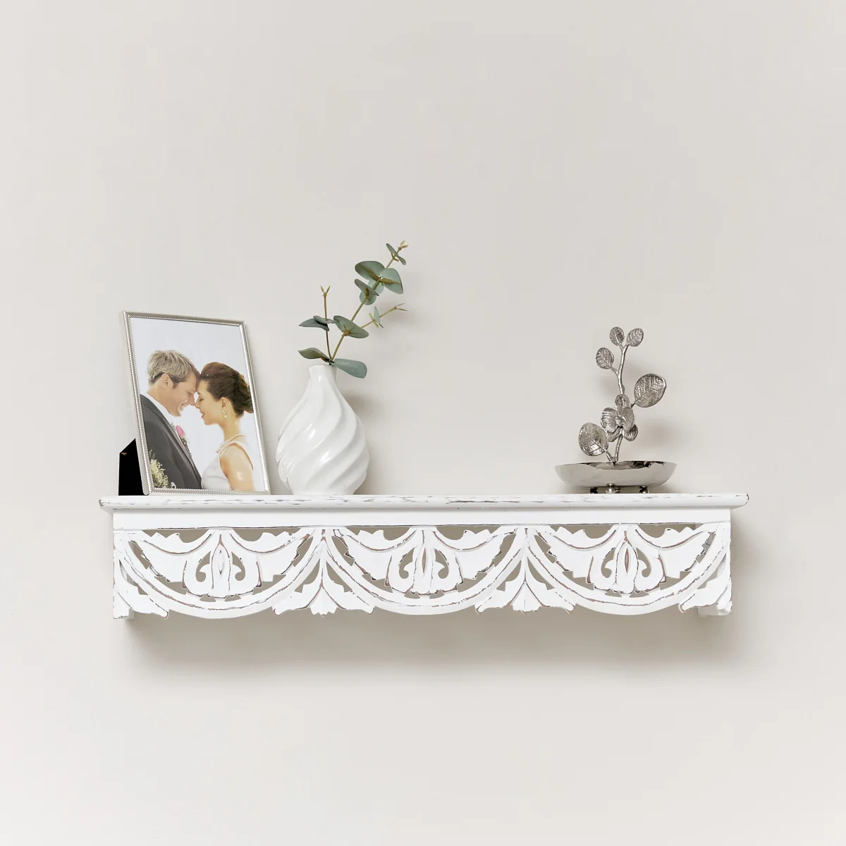 Quality White Wooden Carved Boho Wall Shelf – 60cm Original