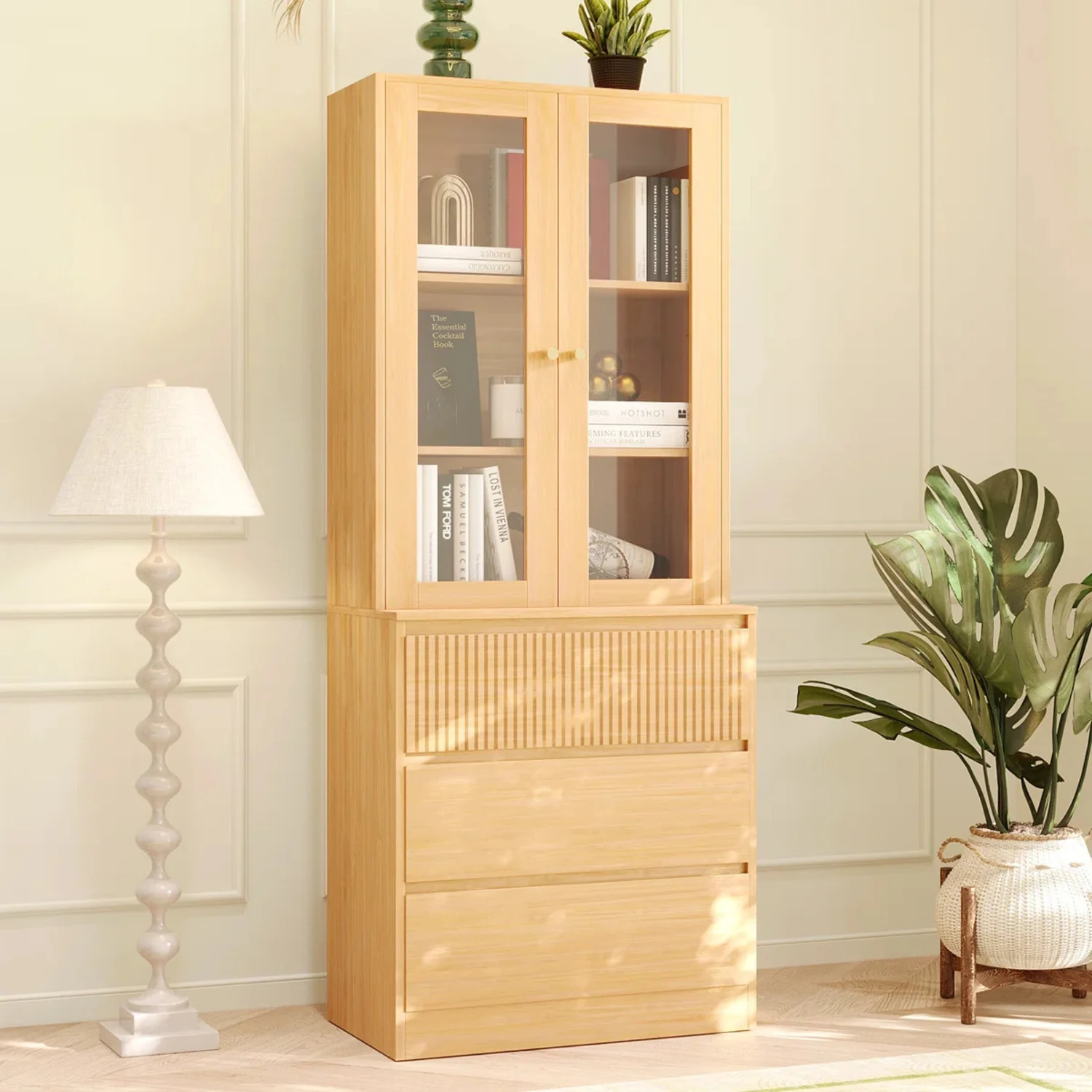 Quality 71 Tall Bookshelf Bookcase Display Cabinet with Glass Doors and 3 Drawers71 Tall Bookshelf Bookcase Display Cabinet with Glass Doors and 3 Drawers Breathable