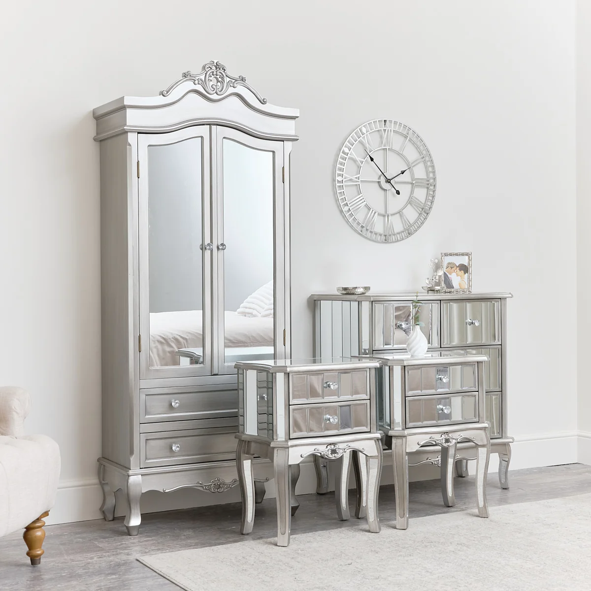 Crafted Mirrored Closet Chest of Drawers Pair of Bedsides – Tiffany Range Contemporary