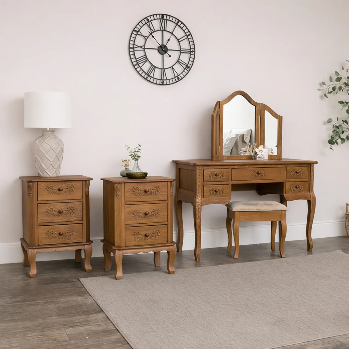 Smart Wooden Dressing Table Desk with Triple Mirror and Stool Pair of 3 Drawers Bedside Tables – Pays Du Bois Range Minimalist