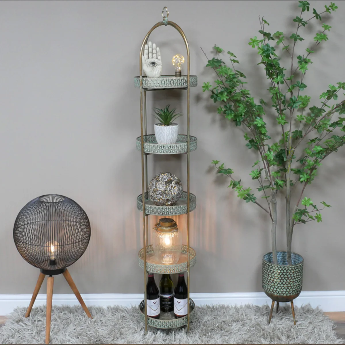 Soft Antique Gold Blue Moroccan Style Five Tier standing Shelf – 166cm Elite